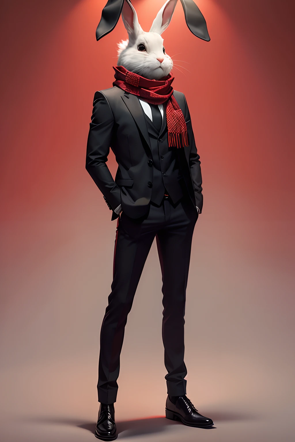 Full body photograph of a rabbit with a red and black checkered scarf tied around his neck