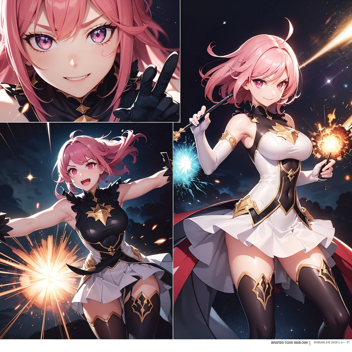 (comic_layout:1.3), (fighting stance:1.2), magical girl, multiple girls, (red theme), ((face focus)), perfect detailed eyes, (sparkle, explosion:1.2), (reflection burst fire), multiple views, growing detailed eyes, kawaii angelic eyes, medium hair, brilliant white medium dress, white elbow gloves, luminescence wing hair ornament, holding wand, skirt, wing brooch, medium breasts, pink hair, pink eyes, pink thigh highs, upper body, sleeveless, (burst into laughter:1.3), disdain, smile, annoyed, (brilliant colorful luminescence effect galaxy background), BREAK (best quality:1.3), (absurd resolution:1.1), (top quality:1.1), masterpiece, high resolution, immensely beautiful, extremely detailed CG, incredibly absurdres, comic