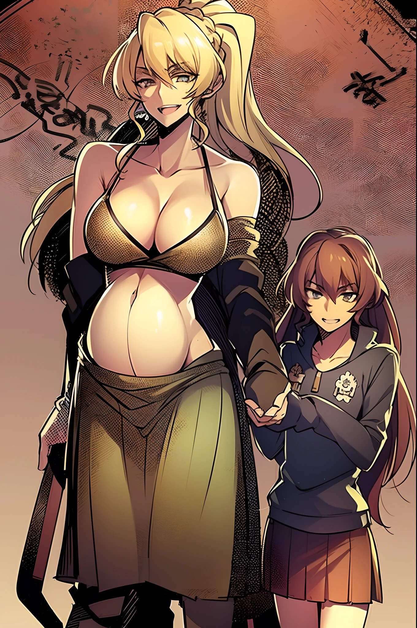 masterpiece, best quality, 1girl, alicetaria,blonde hair, l, mother and son , mom and shota, long hair, ponytail, blue eyes, blue shirt, pleated skirt, solo, simple background, bikini, beach, , alicetaria and son, motherly, walking, family, mother and child,boy, smile ,Pregnant, tall woman, brown hair boy,, alicetaria in couple with yuuya, husband and wife