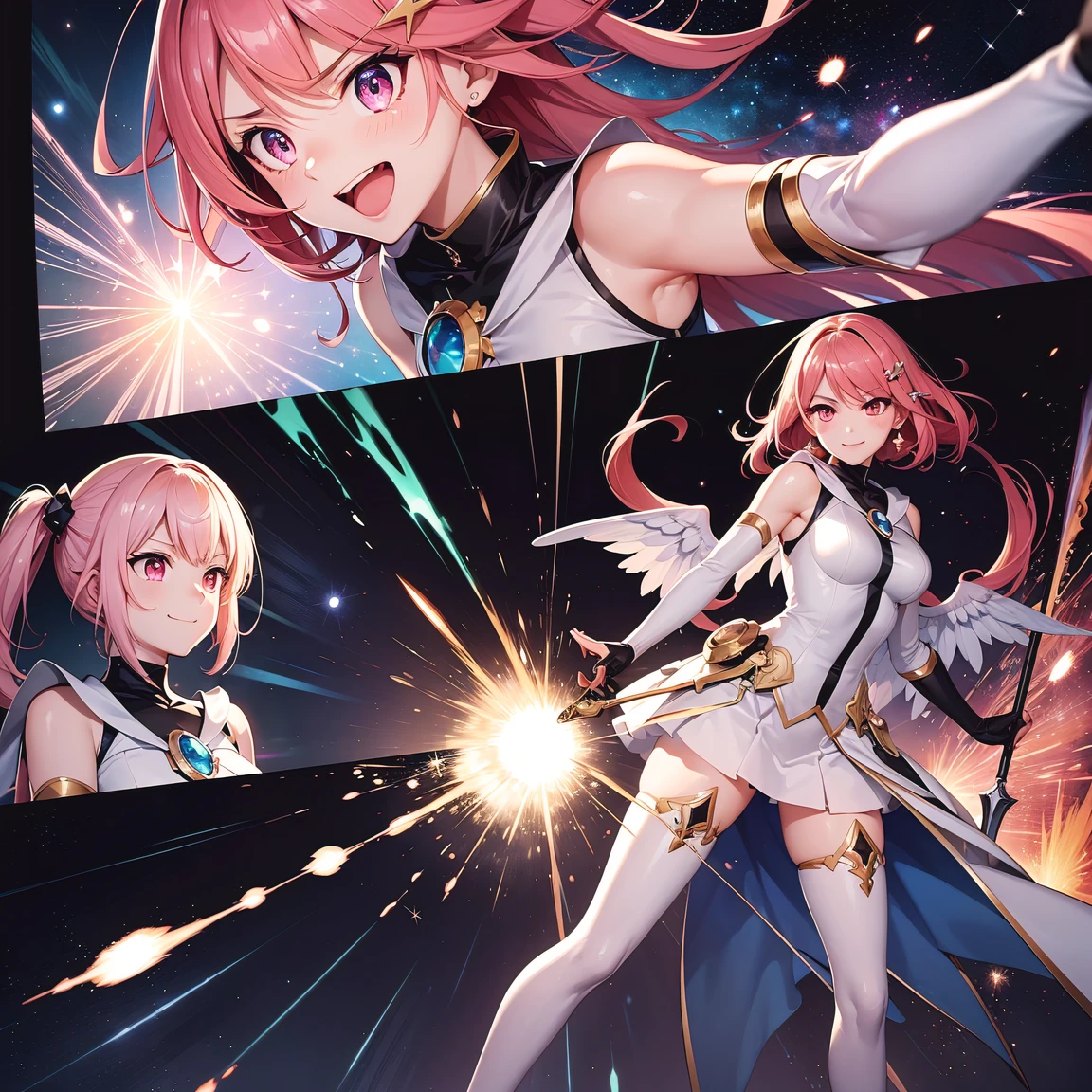 (comic_layout:1.3), (fighting stance:1.2), magical girl, multiple girls, (red theme), ((face focus)), perfect detailed eyes, (sparkle, explosion:1.2), (reflection burst fire), multiple views, growing detailed eyes, kawaii angelic eyes, medium hair, brilliant white medium dress, white elbow gloves, luminescence wing hair ornament, holding wand, skirt, wing brooch, medium breasts, pink hair, pink eyes, pink thigh highs, upper body, sleeveless, (burst into laughter:1.3), disdain, smile, annoyed, (brilliant colorful luminescence effect galaxy background), BREAK (best quality:1.3), (absurd resolution:1.1), (top quality:1.1), masterpiece, high resolution, immensely beautiful, extremely detailed CG, incredibly absurdres, comic