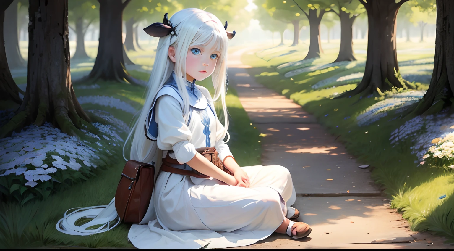 Wallpaper is a path, a beautiful girl name is May, 8-year-old girl with blue eyes, long white hair, wearing a white tunic, On the waist there is a small bag, Sitting on the back of a cow
