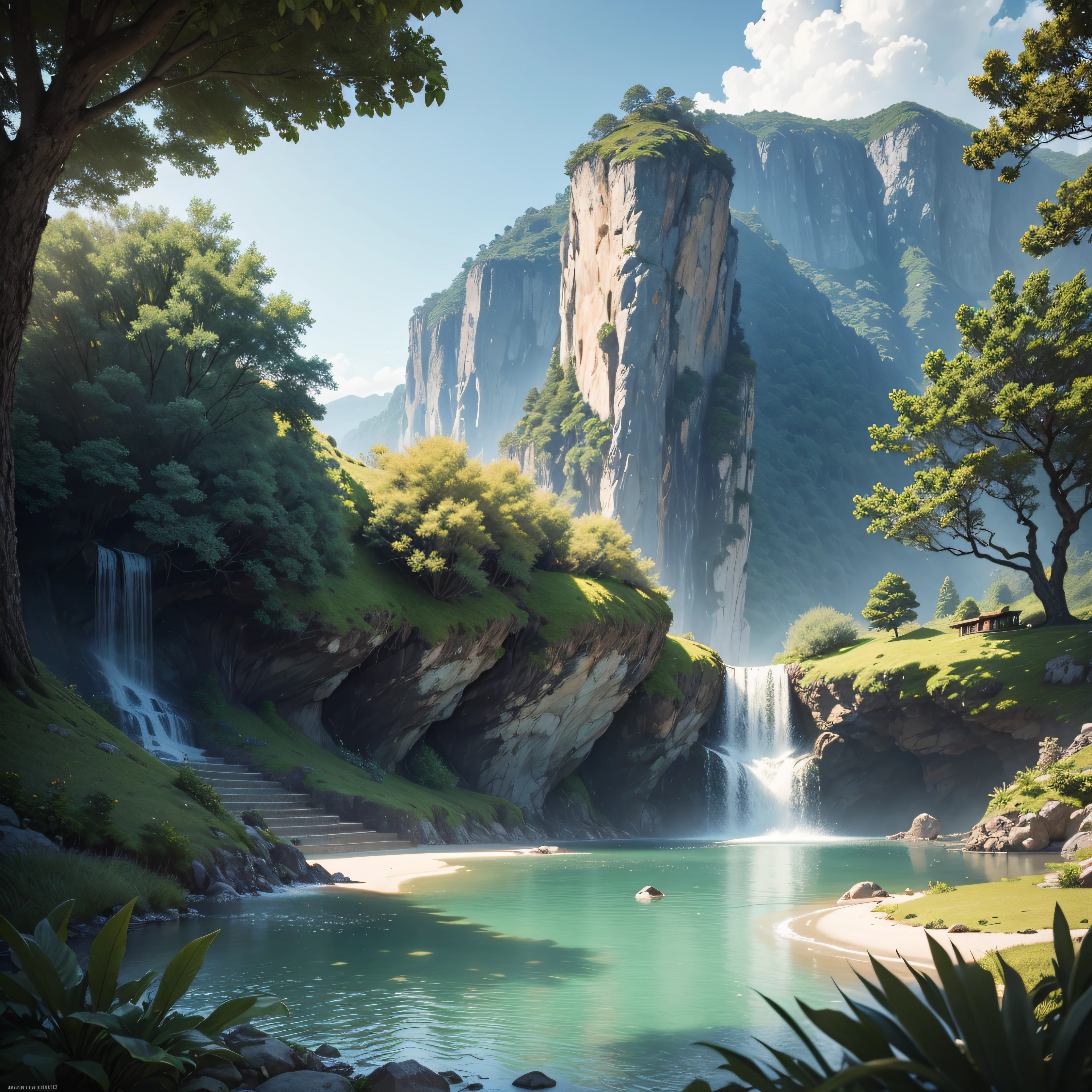 Calm place, Very pleasant, Beautiful, Gentle and beautifully landscaped. Photorealistic, 8K UHD, Studio Quality, A hyper-realistic, Maximum Detail, hefty, post processed, Photorealistic, Photorealistic, photoshopped, Photography, Detailed, Cinematic lighting, landscape, the panorama, Scenery, Ray tracing, cinema4d --auto