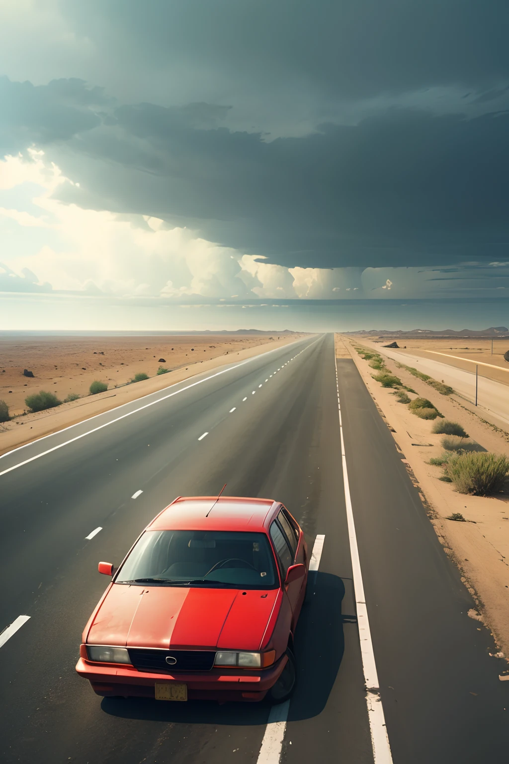 a deserted highway, a red car on a roadtrip, sunny day but with a storm coming