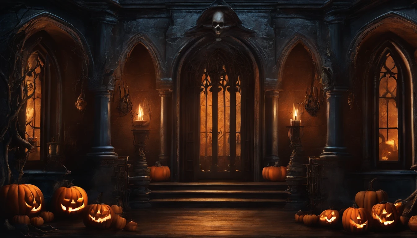 Paint Wall Art Design of Halloween Ghost Witches Inside a Dark House Full of Skulls and Spiders. Dark Gothic style design.