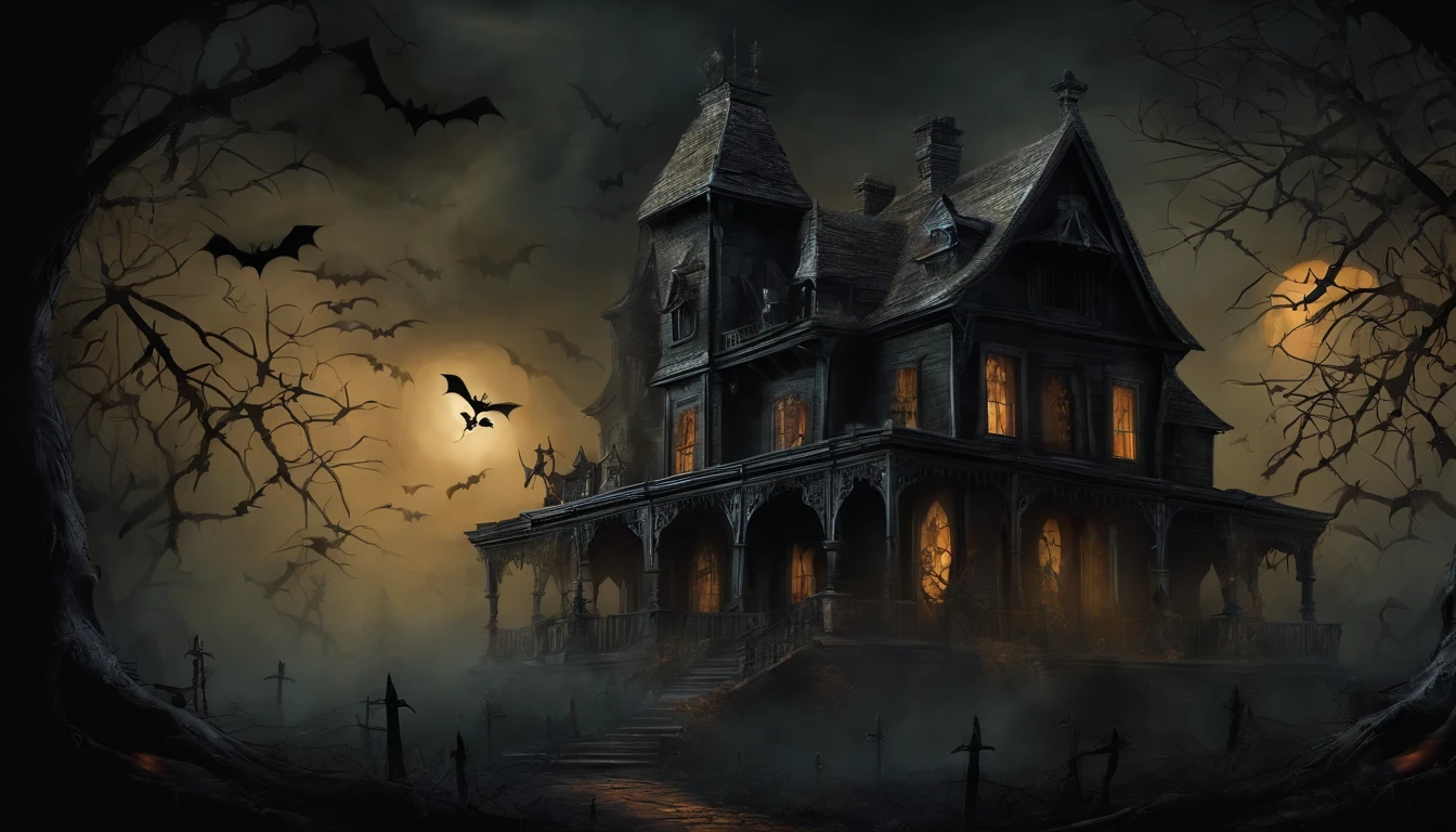 Paint Wall Art Design of Halloween Ghost Witches Inside a Dark House Full of Skulls and Spiders. Dark Gothic style design.