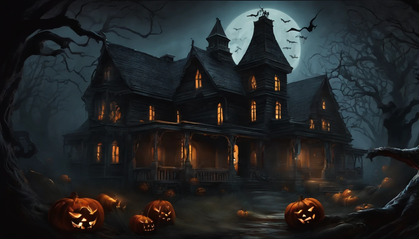 Paint Wall Art Design of Halloween Ghost Witches Inside a Dark House Full of Skulls and Spiders. Dark Gothic style design.