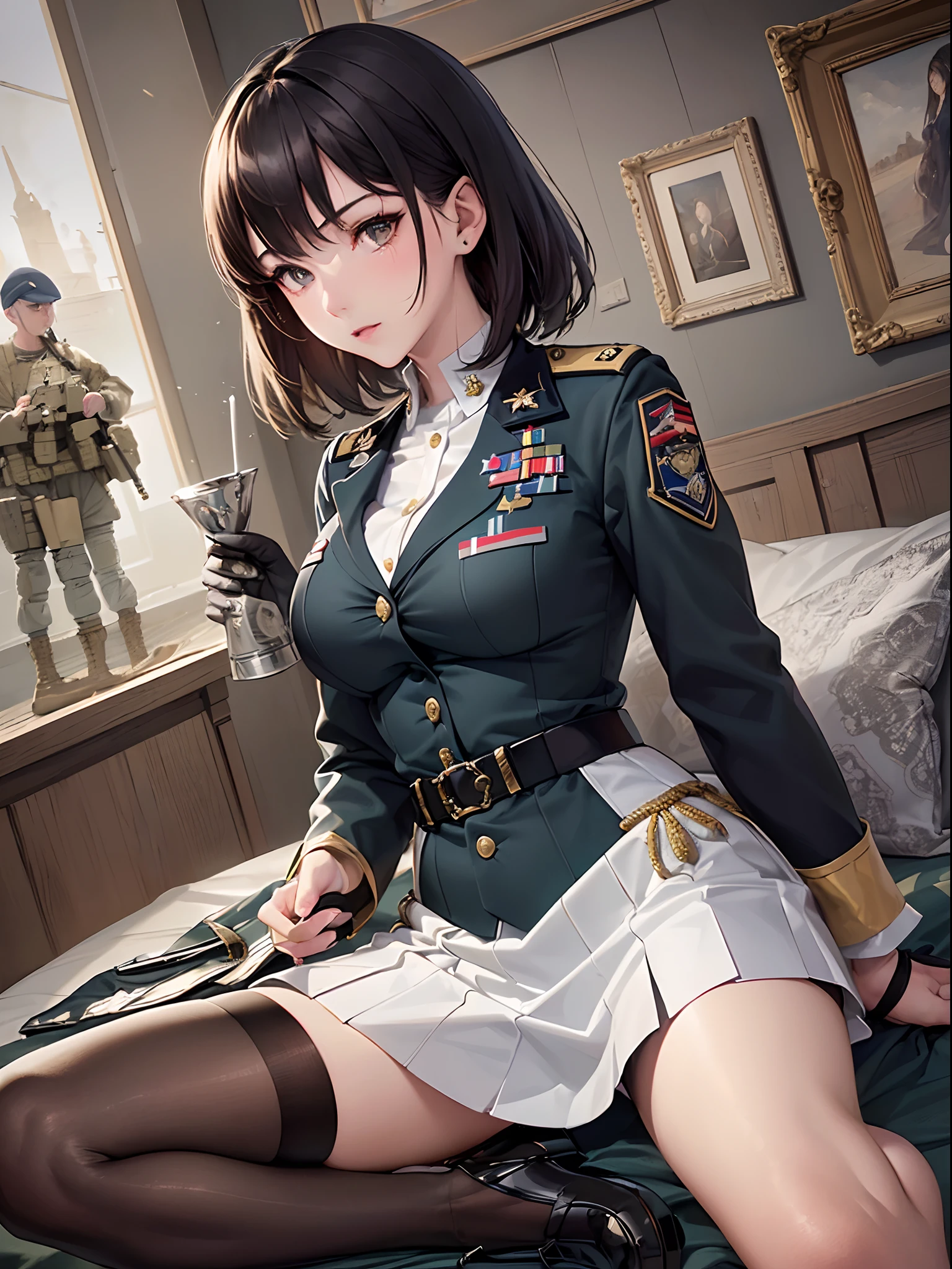 ((Finest quality)),(超A high resolution),(ultra-detailliert),(Meticulous portrayal),((Best CG)),(Finest works of art),Ultra-Precision Art,The art of astounding depiction, (Female Military Personnel:1.5),(A dark-haired,short-cut),Tight military uniform,tight skirts,Black stockings,