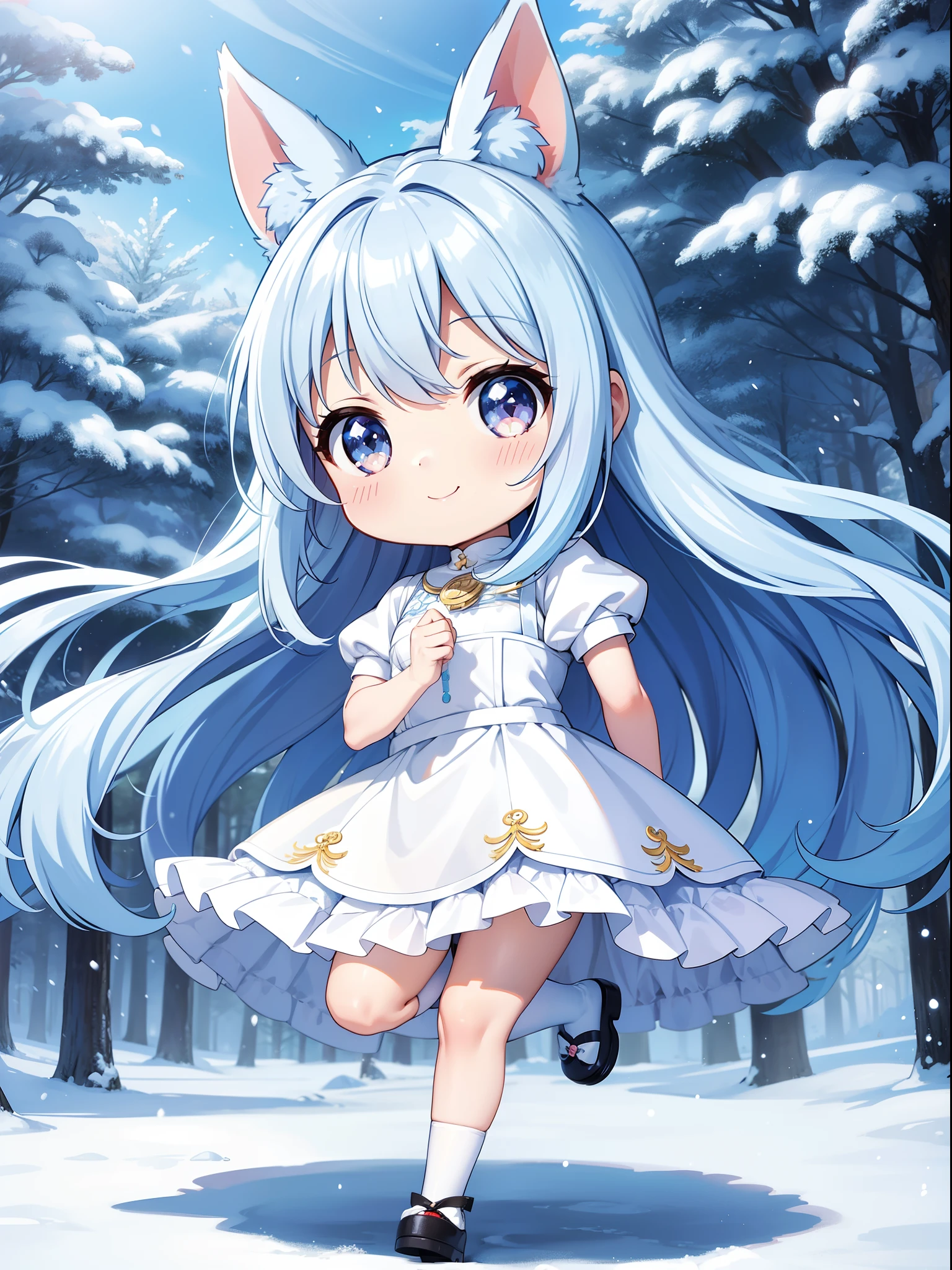 Chibichara White big rabbit、Sparkling snowy landscape(a picture) The air is shining、long hair with blue hair((Chibi Chara))、A charming smile、Fluffy、girl with、Chibi Chara、Friends of the Forest、full body Esbian、Pastel colors hair、masutepiece、top-quality、