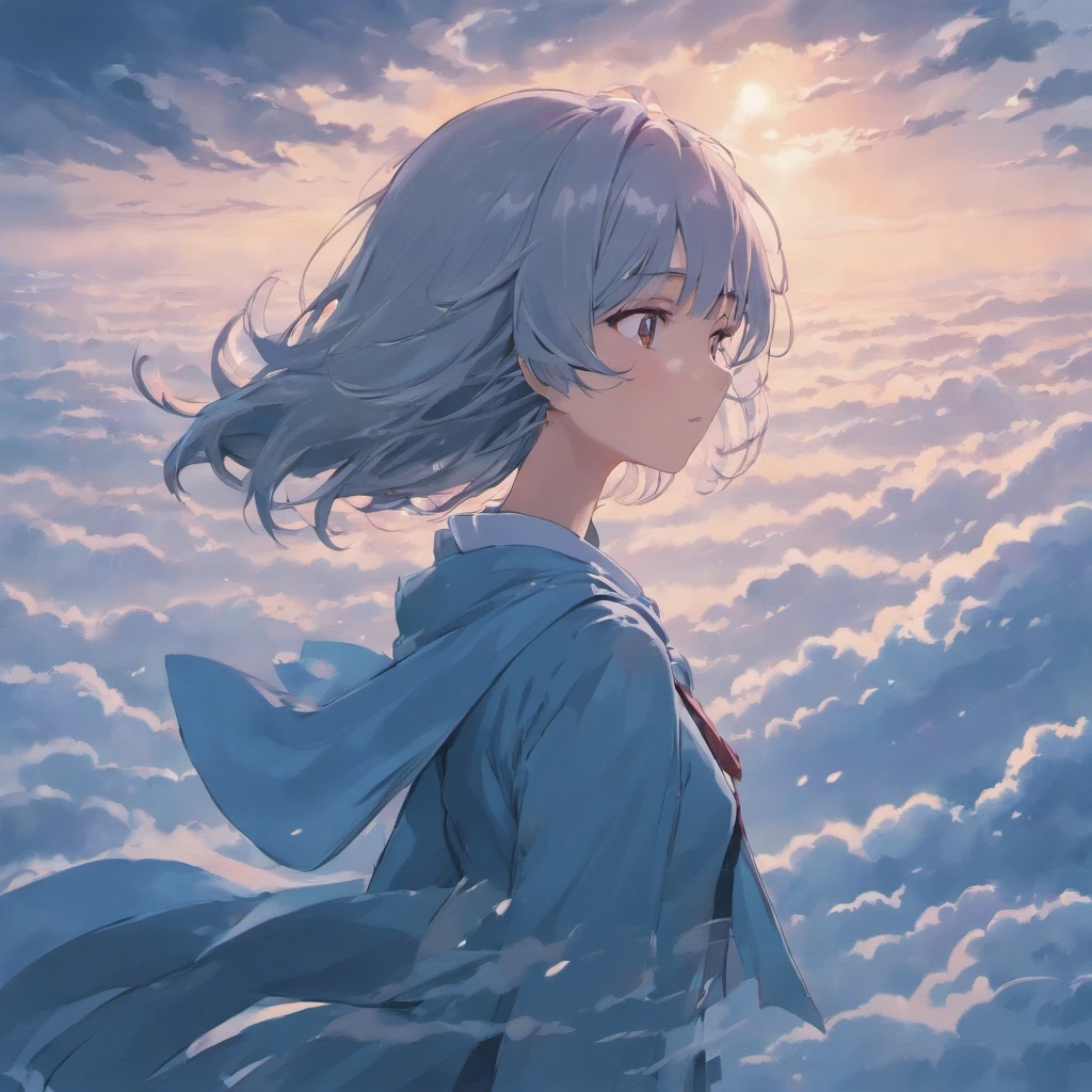 perfect anime illustration,Extreme closeup portrait of beautiful gray-haired woman walking in sea of clouds