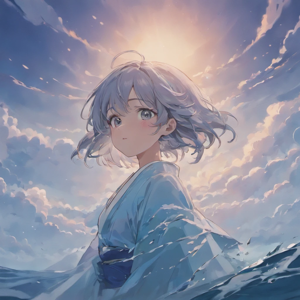 perfect anime illustration,Extreme closeup portrait of beautiful gray-haired woman walking in sea of clouds