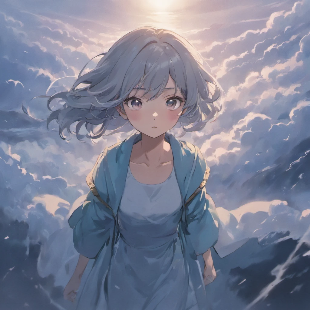perfect anime illustration,Extreme closeup portrait of beautiful gray-haired woman walking in sea of clouds