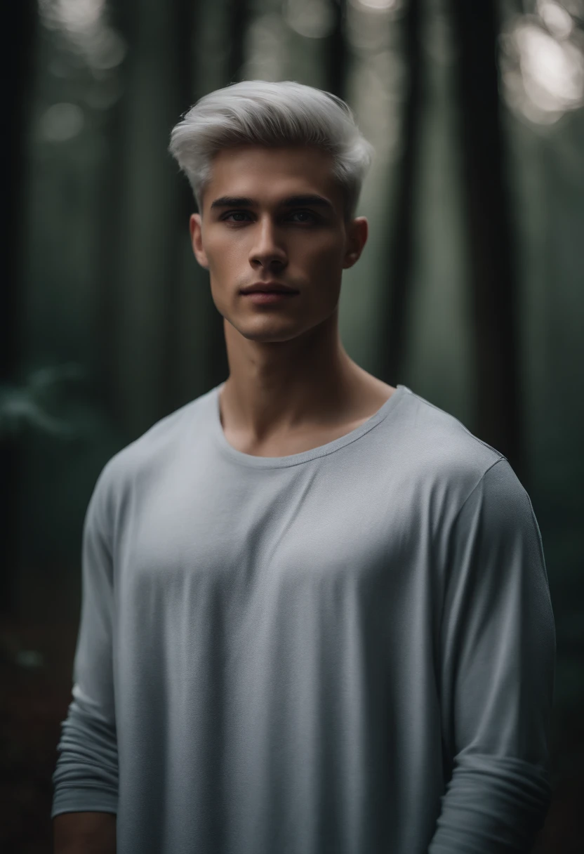 Young man, 20 years old, white hair, two block haircut , dressed in black, standing in the forest at night, magical light, surrounded by fog, Generate a majestic image of a young male like a gods, surrounded by an aura of power and grace, young man with beautiful face, handsome chad chin, handsome young man face, handsome face and beautiful face, handsome attractive face, soft portrait shot 8 k, portrait of beautiful young man, handsome face, handsome male, beautiful young man, good looking face, close - up portrait shot, perfect handsome face, light white skin, light brown hair, soft facial features