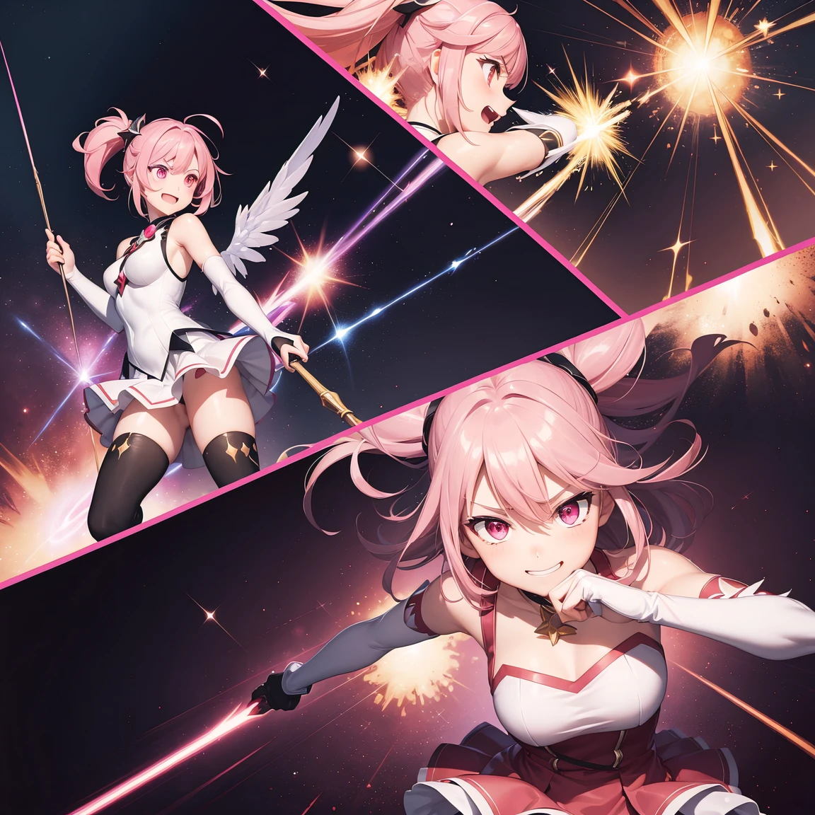 (comic_layout:1.3), (fighting stance:1.2), magical girl, multiple girls, (red theme), ((face focus)), perfect detailed eyes, (sparkle, explosion:1.2), (reflection burst fire), multiple views, growing detailed eyes, kawaii angelic eyes, medium hair, brilliant white medium dress, white elbow gloves, luminescence wing hair ornament, holding wand, skirt, wing brooch, medium breasts, pink hair, pink eyes, pink thigh highs, upper body, sleeveless, (burst into laughter:1.3), disdain, smile, annoyed, (brilliant colorful luminescence effect galaxy background), BREAK (best quality:1.3), (absurd resolution:1.1), (top quality:1.1), masterpiece, high resolution, immensely beautiful, extremely detailed CG, incredibly absurdres, comic