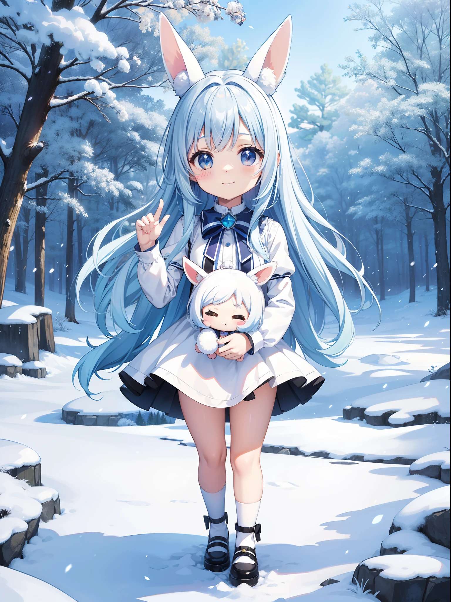 Chibichara White big rabbit、Sparkling snowy landscape(a picture) The air is shining、long hair with blue hair((Chibi Chara))、A charming smile、Fluffy、girl with、Chibi Chara、Friends of the Forest、full body Esbian、Pastel colors hair、masutepiece、top-quality、