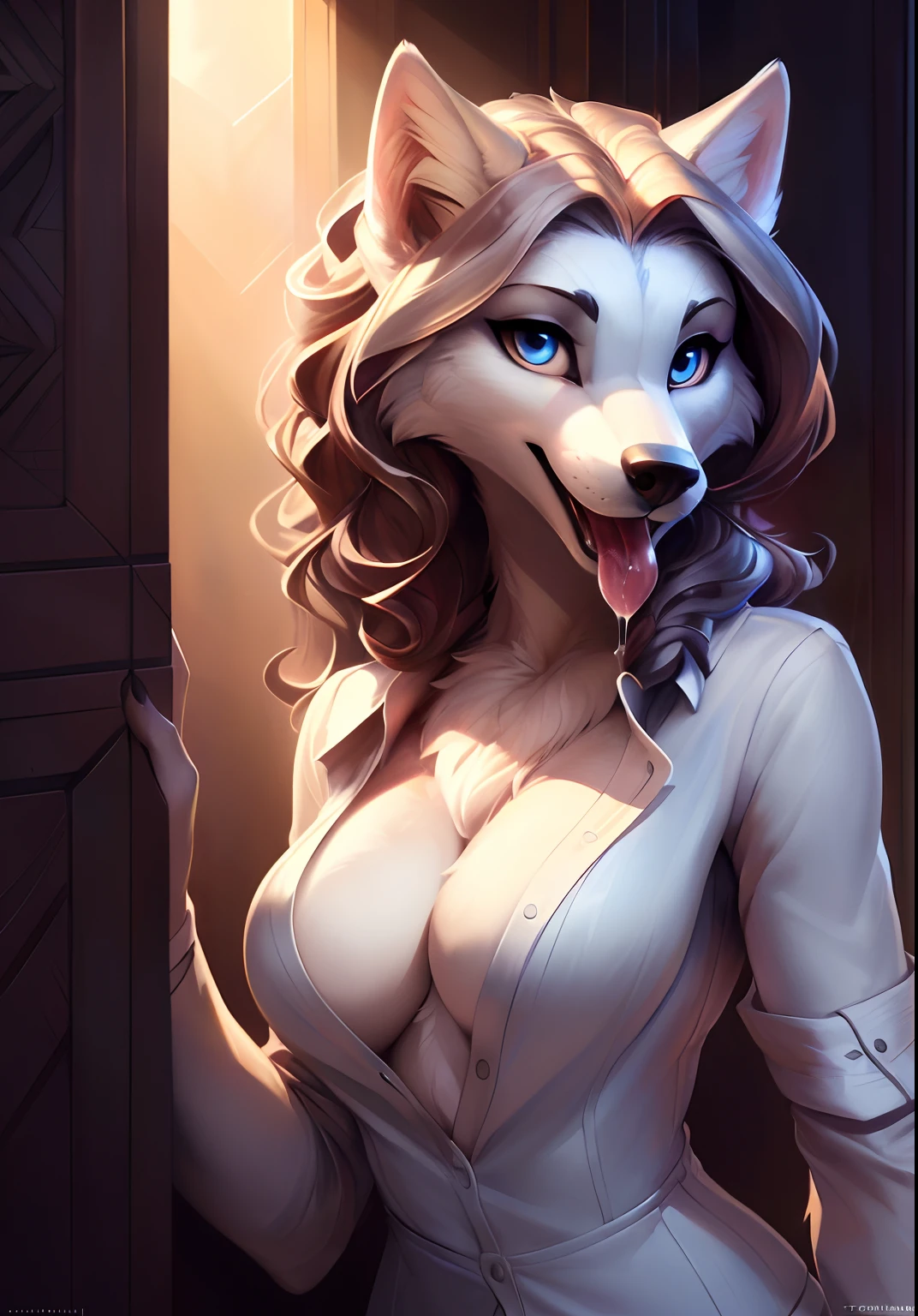 uploaded on e621, by Pixelsketcher, by Bayard Wu, by Thomas Benjamin Kennington , by Einshelm, solo anthro, ((face portrait)), BREAK, ((mouth open tongue out, saliva dripping)), ((wear unbuttoned shirt)), (detailed Bonifasko lighting), (detailed fur), (detailed skin), BREAK, ((mouth open tongue out, saliva dripping)), ((wear unbuttoned shirt)), (( wavy hair)), ((facing viewer )), (cinematic lighting), ((detailed background)), ((face view)), (((portrait view))), (half shadow), [backlighting], [crepuscular ray], [detailed ambient light], [gray natural lighting], [ambient light], (higher wildlife feral detail), [explict content], [sharp focus], (questionable content), (shaded), ((masterpiece), wavy hair, big hips, medium featureless breasts, breasts, furry white wolf, white wolf face, Furry Fantasy Art, Anthro Art, Commission for High Res, Furry Art, furry Art,Sakimichan beautiful, masterpiece, medium featureless breasts, best quality, detailed image, bright colors, detailed face, perfect lighting, perfect shadows, perfect eyes, girl focus, white wolf eyes, flawless face, big featureless breasts, gorgeous, shiny face, face focus, white wolf ears, white wolf girl, fluffy, fluffy woman, face fur, animal nose, muzzle, one-tone fur, gaze at the viewer, half-closed eyes, 1girl, solo, full face only, (masterpiece), (best quality), (illustration), (cinematic lighting), wavy hair, detailed fur, balanced coloring, global illumination, ray tracing, good lighting, white wolf, furry, anthro, showing featureless breasts, cleavage, attractive face, sexy face, looking at viewer, seductive look, SFW