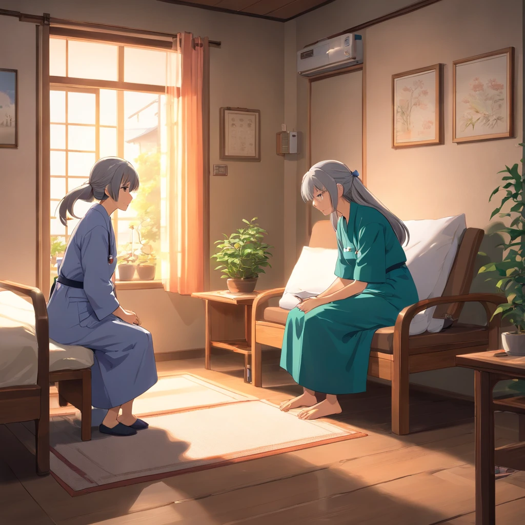 A scene of a girl in her 30s visiting nurses, Sitting in a quiet and cozy room, Talk to a nurse. Beautiful old woman with long gray hair is sitting on a bed in a wooden frame, While the nurse is in the chair in front of the old woman, Measuring the pulse of touching hands. The living room creates a cozy atmosphere with soft lighting, Plants and artwork on the walls, Provide a sense of tranquility. Beautiful old woman with long gray hair sincerely expresses her feelings and thoughts, While the nurse listens to the beautiful old woman with long gray hair with empathy and understanding. The scene is、Gives off an atmosphere of support and care essential to therapy sessions.