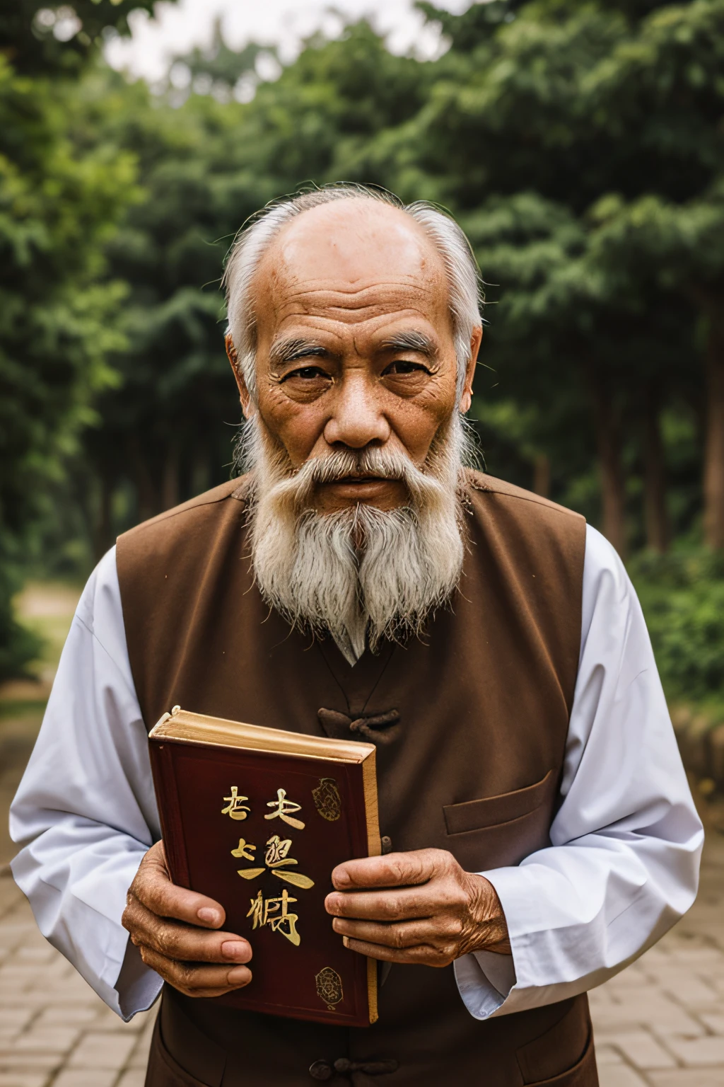 An old man with traditional Chinese thinking,Real frontal photos,Authentic background,The background is nature,Holding a book,worn-out clothing,Face full of wrinkles,80-year-old man,Wise eyes,The beard is white,male people,country style