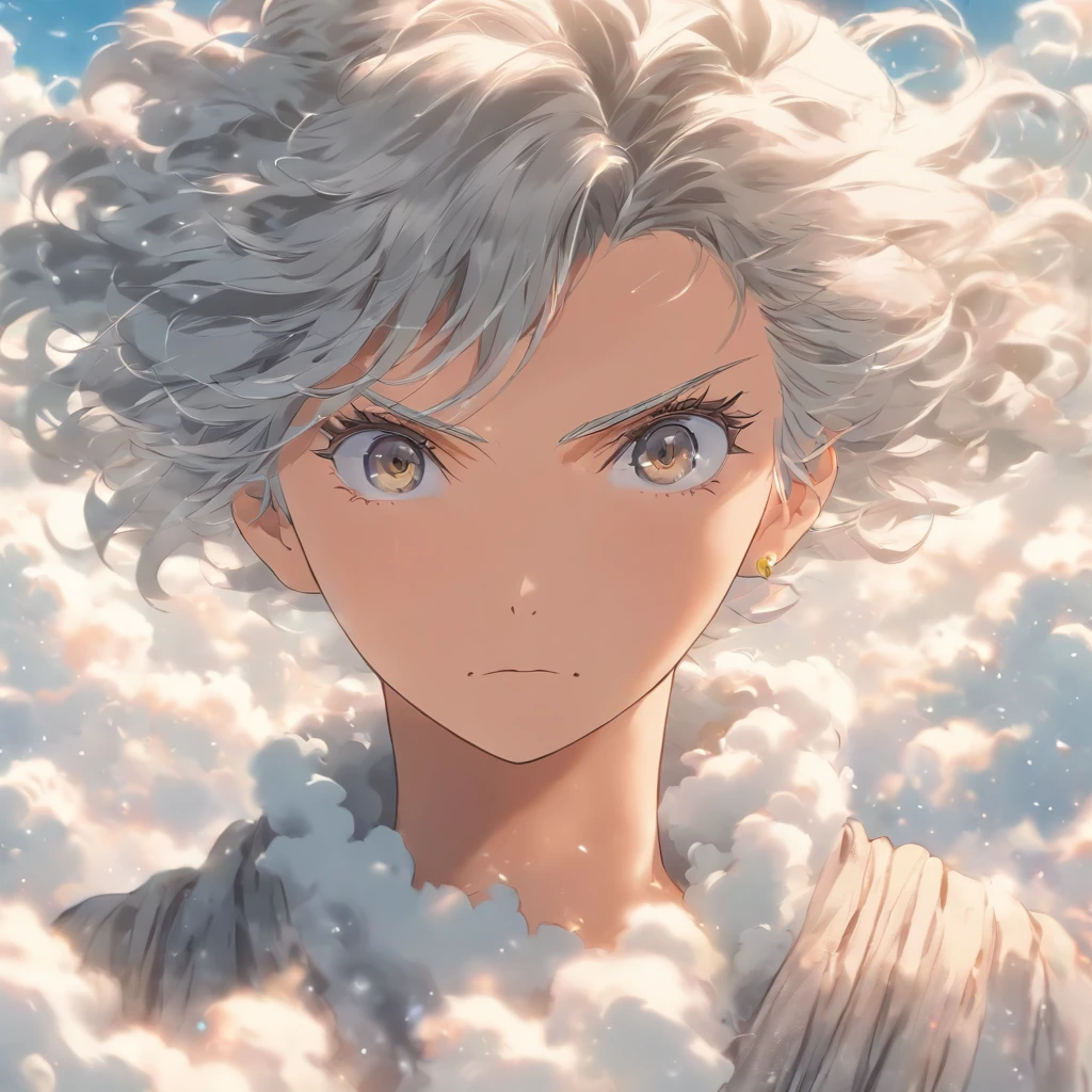 perfect anime illustration，Extreme closeup portrait of beautiful gray-haired woman walking in sea of clouds