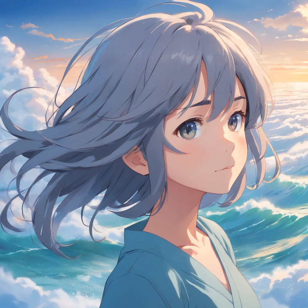 perfect anime illustration,Extreme closeup portrait of beautiful gray-haired woman walking in sea of clouds