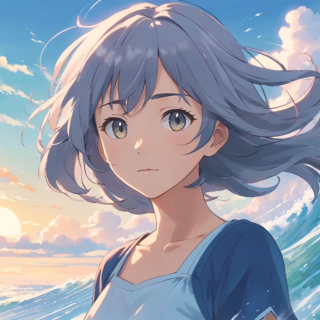 perfect anime illustration，Extreme closeup portrait of beautiful gray-haired woman walking in sea of clouds