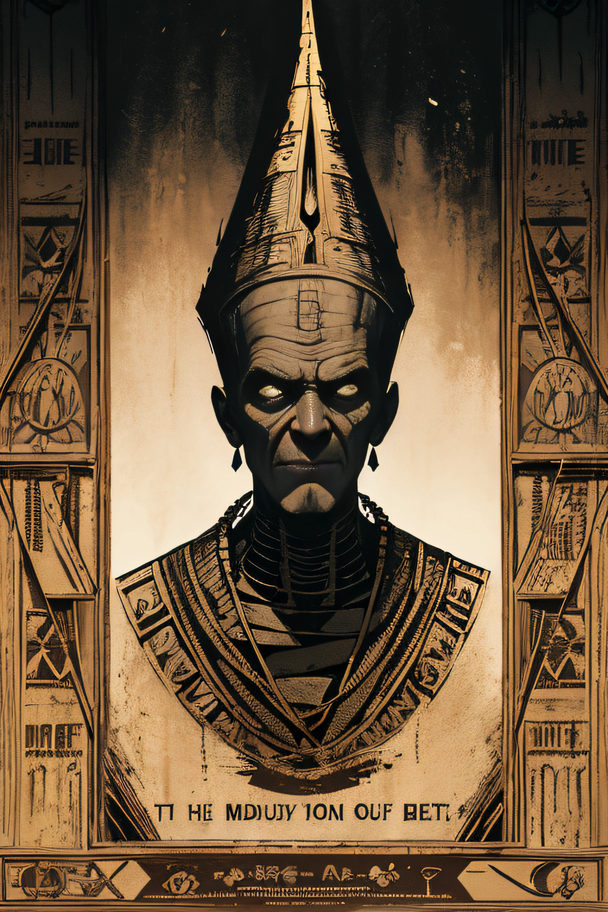 (Masterpiece, Best Quality), 8k Wallpaper, highly detailed, poster, The Mummy, Imhotep, Boris Karloff vintage horror, 1940s, gothic horror thriller cinematic movie poster, Bauhaus, shapes, lines, abstract, propaganda, gothic, movie poster, vintage, horror, low angle shot.