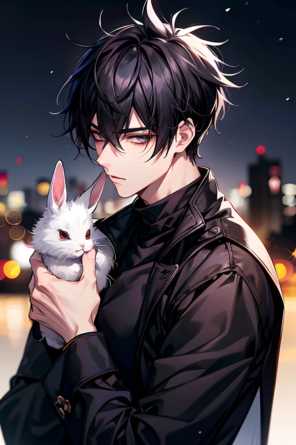Male one,matured male,Black turtleneck,Spiked hair with long bangs black hair,quality, Lashes long, Beauty Blueface, 细致背景, Back lighting, bokeh dof,Harboring a white rabbit