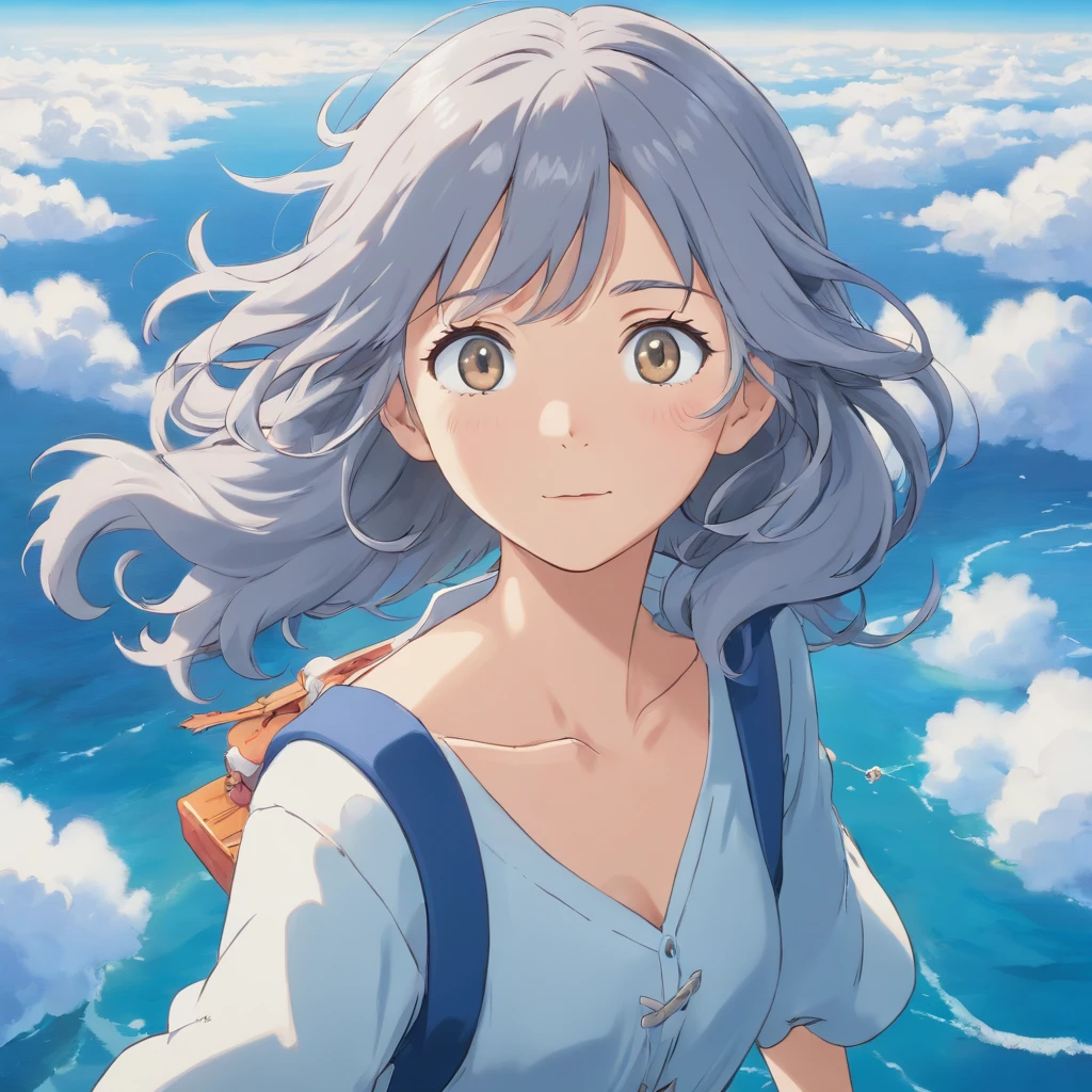 perfect anime illustration,Extreme closeup portrait of beautiful gray-haired woman walking in sea of clouds