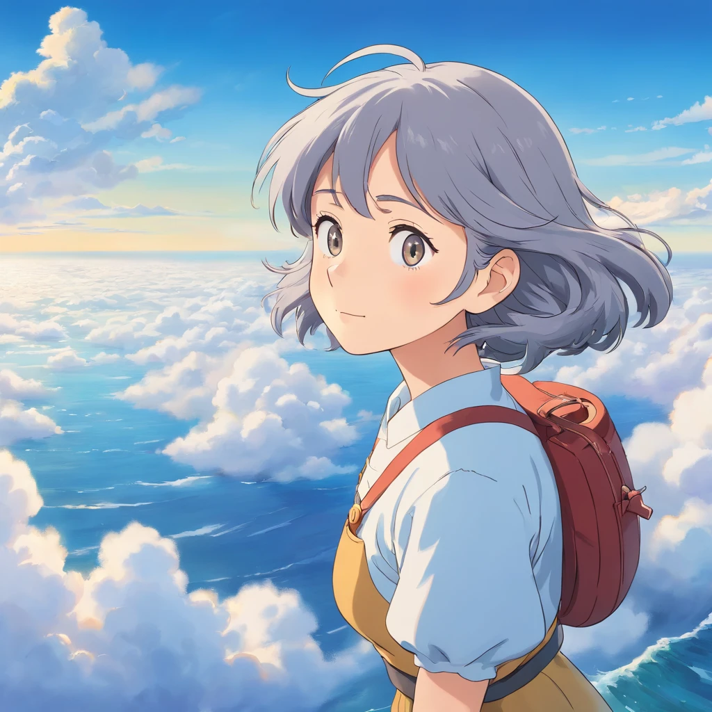 perfect anime illustration，Extreme closeup portrait of beautiful gray-haired woman walking in sea of clouds