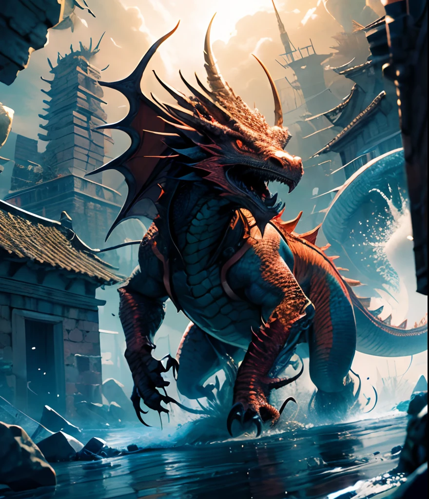 Dragon. Hd . blue dragon attacking on ancient village high quality image