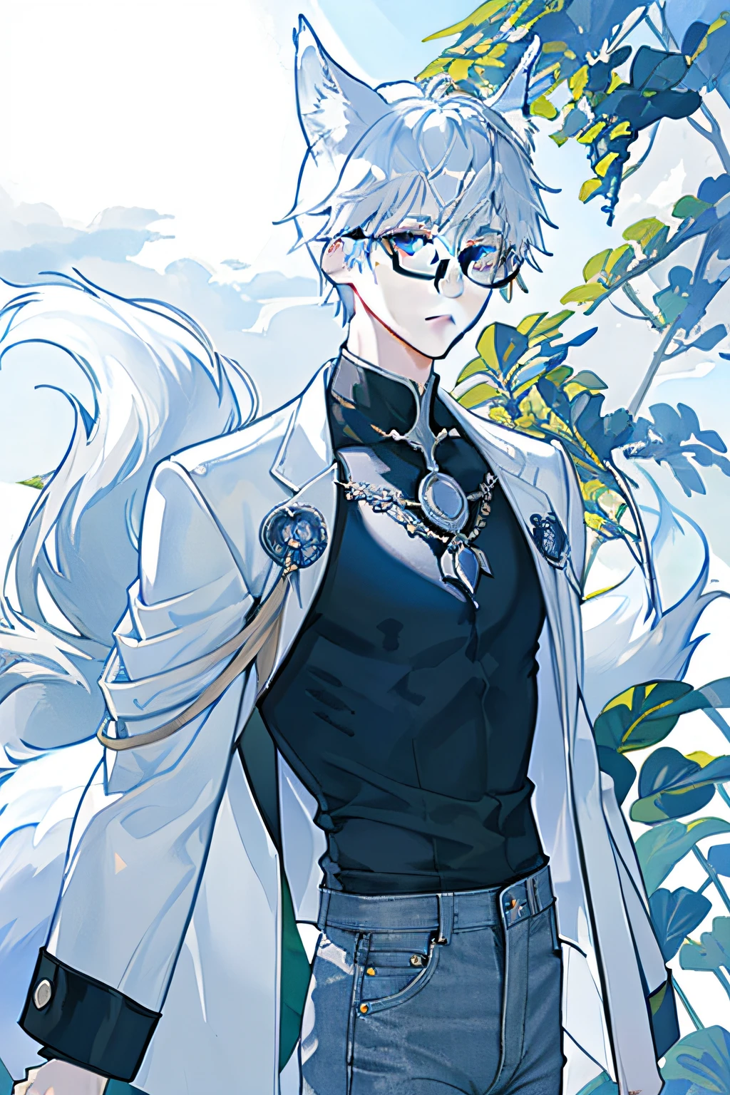 tmasterpiece，Light，A boy with，White fox ears，White fox with one tail，Lazy eyes，Silver short bob hair，Cover bangs，wears glasses，White T-shirt，blackjacket，with brown eye，blue denim pants，Upper body dynamics，looking at viewert，
Sky background of leaves，