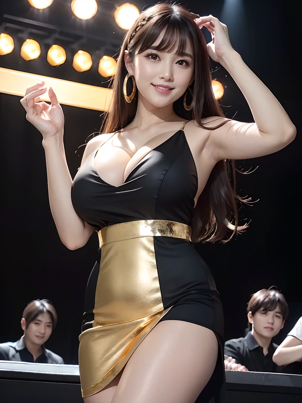 (4 k、top-quality)、(realisitic、Photorealsitic)、(Yakian)、
1girl in、独奏、fullllbody、(facing front)、
perfect hand、up looking_で_the viewer、
whiteshirt、
Outside the room、natta、On the stage of the concert hall、finerly detailed face、Sing with a microphone in your right hand、Slightly chubby、The best smile、Light brown long curled hair,(huge-breasted, cleavage:1.2),(Black chic dress with slits with gold lines:1.3), (Cameltoe),35 year old、Nogizaka Idol、actress、Korean Idol、hposing Gravure Idol,
