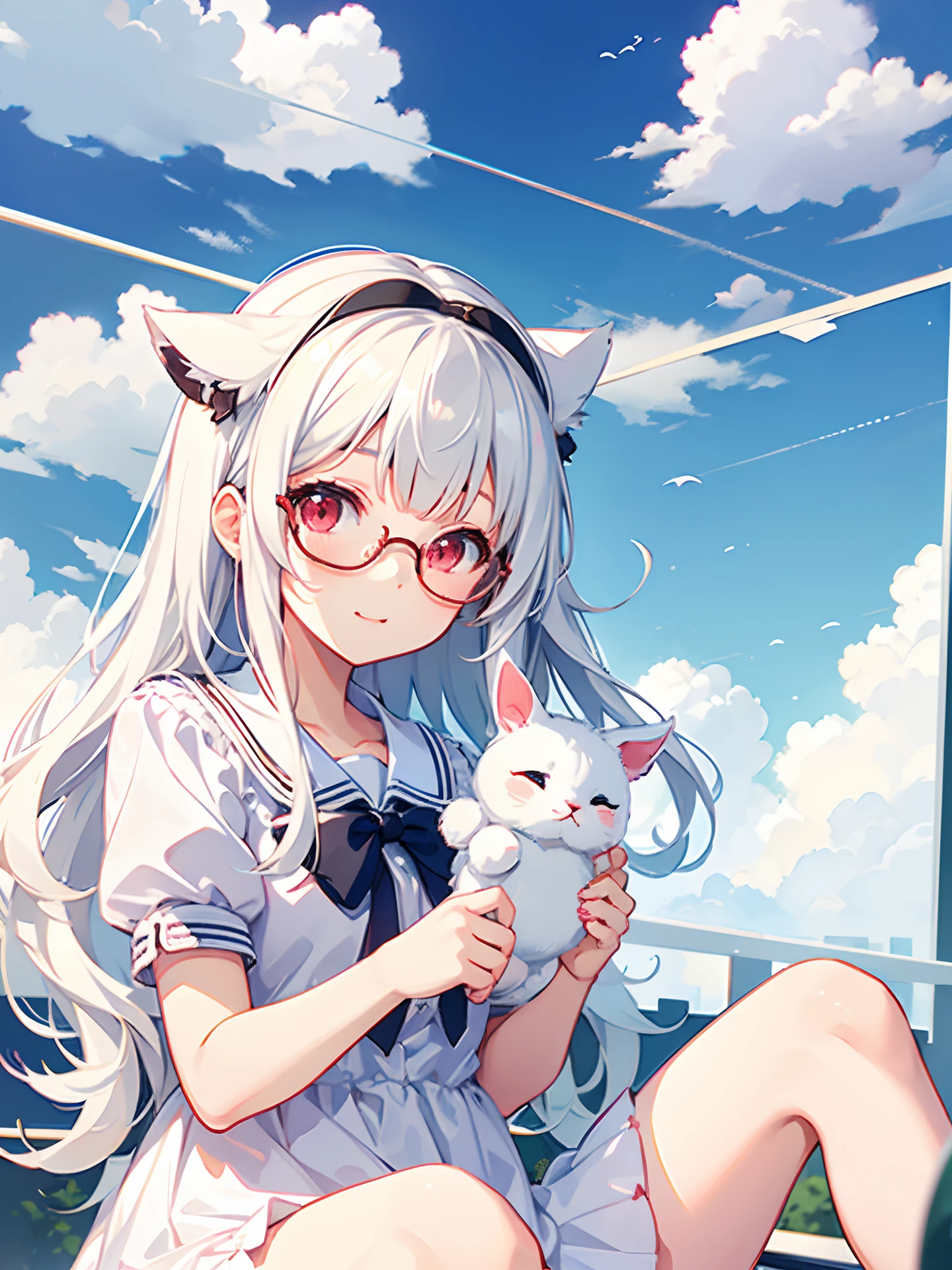 A cute girl wearing cute clothes sitting at the school window, super cute , holding a cute bunny doll, selfie pose, wearing round glasses, cat ear, winking at the audience, teen flat bangs, white hair, longhair, red eyes, half body, high res, ultrasharp, 8K, masterpiece