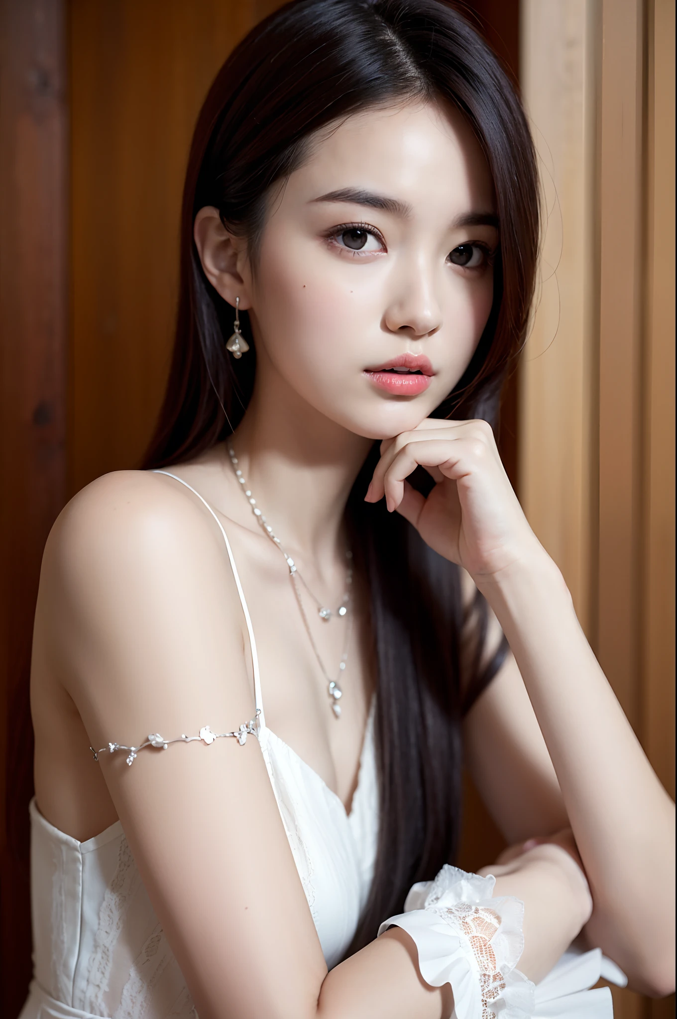 Best Quality, masutepiece, High resolution, Girl VN02, 1girl in, Porcelain dress, Hair Accessories, Necklace, Jewelry, Pretty Face, On Body, Tindall Effect, Realistic, Shadow Studio, Rim lighting, dual-tone lighting, (High Detail Skins: 1.2), 8K UHD, Digital SLR, Soft light, High quality, Volume Light, Sneak Shots, Photo, High resolution, 4K, 8K, Background blur,