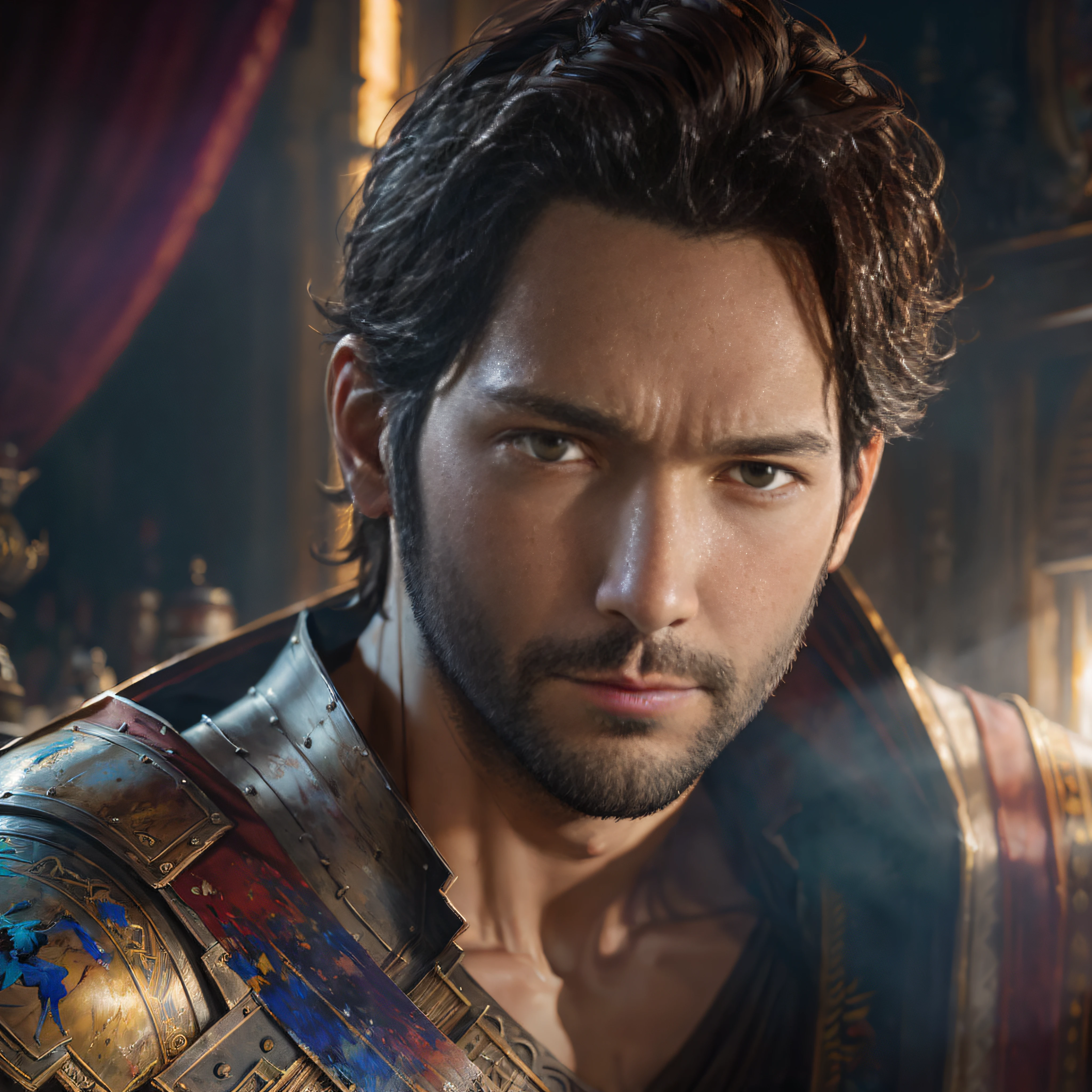 Close-up portrait photo of Paul Rudd, Modelshoot style, (the Extremely Detailed CG Unity 8K Wallpapers), Medieval armor, professional majestic oil painting by Ed Blinkey, Atey Ghailan, Studio Ghibli, By Jeremy Mann, Greg Manchess, Antonio Moro, ((Dusk 1)), Trending on ArtStation, Trending on CGSociety, Convoluted, high detailing, Sharp Focus, Dramatic, photorealistic painting art by midjourney and greg rutkowski --auto