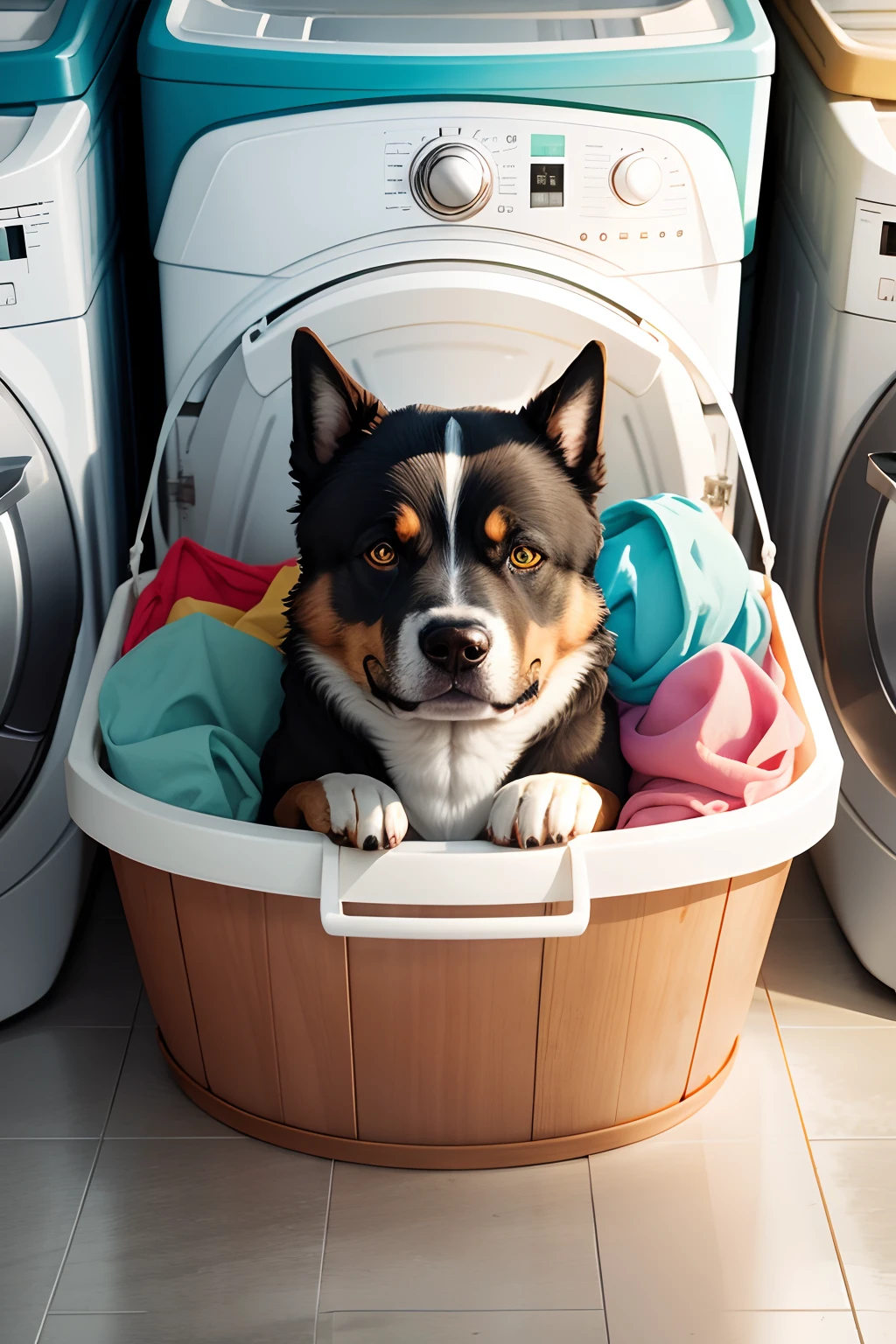 Large dog hiding in a full basket of stinky laundry