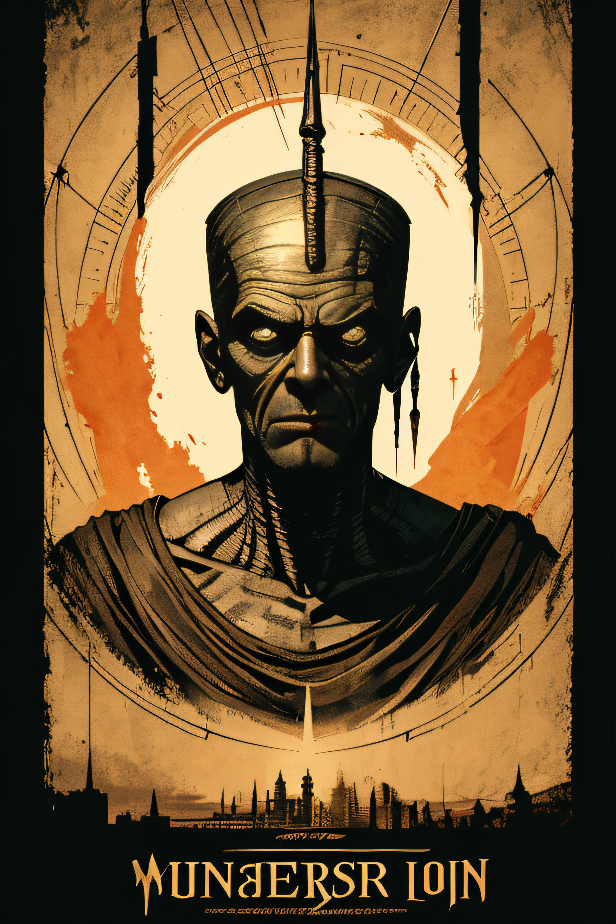 (Masterpiece, Best Quality), 8k Wallpaper, highly detailed, poster, The Mummy, Imhotep, Boris Karloff vintage horror, 1940s, gothic horror thriller cinematic movie poster, Bauhaus, shapes, lines, abstract, propaganda, gothic, movie poster, vintage, horror, low angle shot.