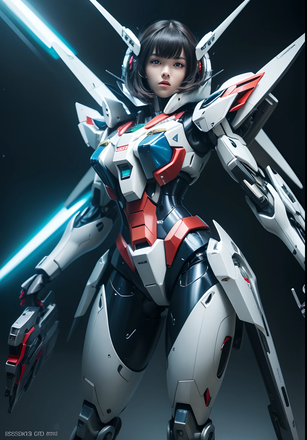 Textured skin, Super Detail, high details, High quality, Best Quality, hight resolution, 1080p, hard disk, Beautiful,(Gundam),beautiful cyborg woman,Mecha Cyborg Girl,Battle Mode,Girl with a Mecha Body,She wears a futuristic Gundam mecha,Fulll body Shot