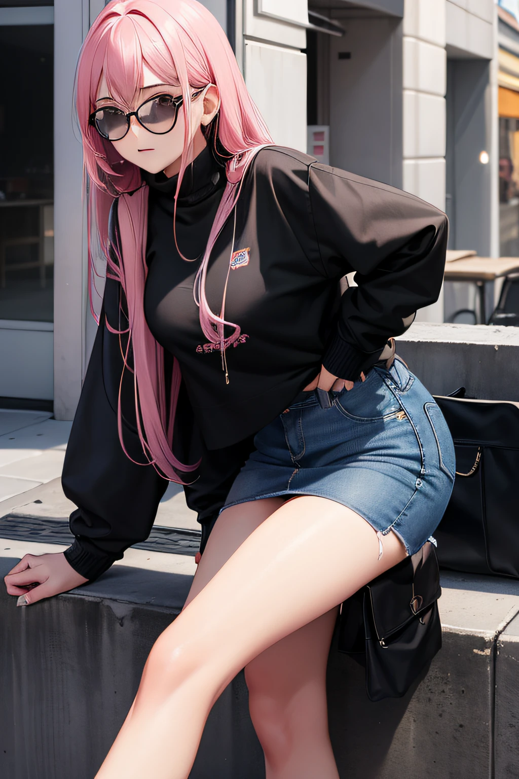 The leader of the bad girl who ran away from home, Long black sweater, A cool、Lunette de soleil、Skin-denim miniskirt, Half-length pink hair, looking at viewert, Front view,