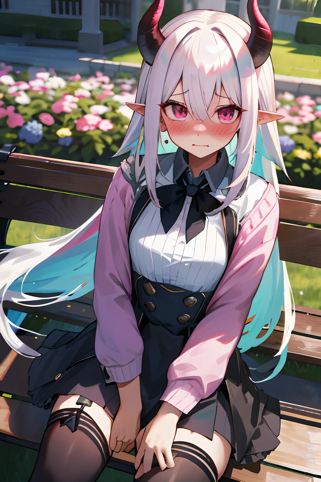 One girl with long hair, white hair, looking at viewer, embarrassed, blushing, outdoor , garden, bench, sit on, spread legs, pink sweater, black bow tie, black hight waist skirt ,thigh, pointy ears, demon wings, demon king, demon horn, perfect waist, black stocking