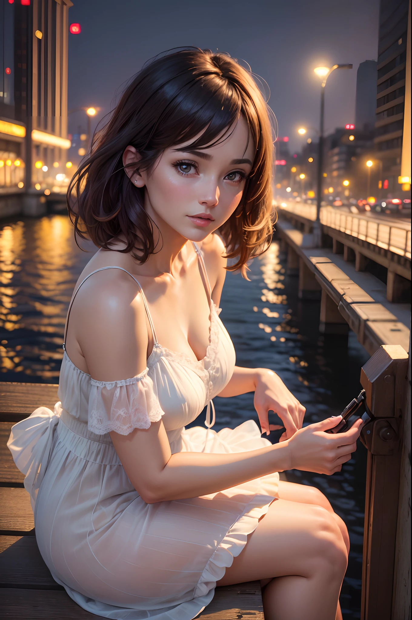 (highres,masterpiece:1.2),ultra-detailed,(realistic,photorealistic,photo-realistic:1.37),night cityscape,bridge,neon lights,beautiful 35-year-old woman sitting by the bridge,white chiffon dress,short light brown hair,frontal view,shot from below