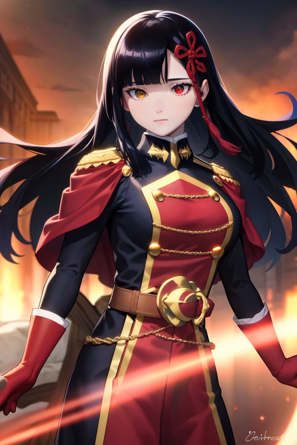 best quality,masterpiece,Master piece,extremely detailed CG unity 8k,cinemic lighting, yamashiro768, gloves, red cape, very long hair, Half body , heterochromia , White and black hair , beautiful eyes , beautiful face , high quality eye detail , high quality face , ultra high quality facial expression , beautiful character detail , ultra high costume detail ,