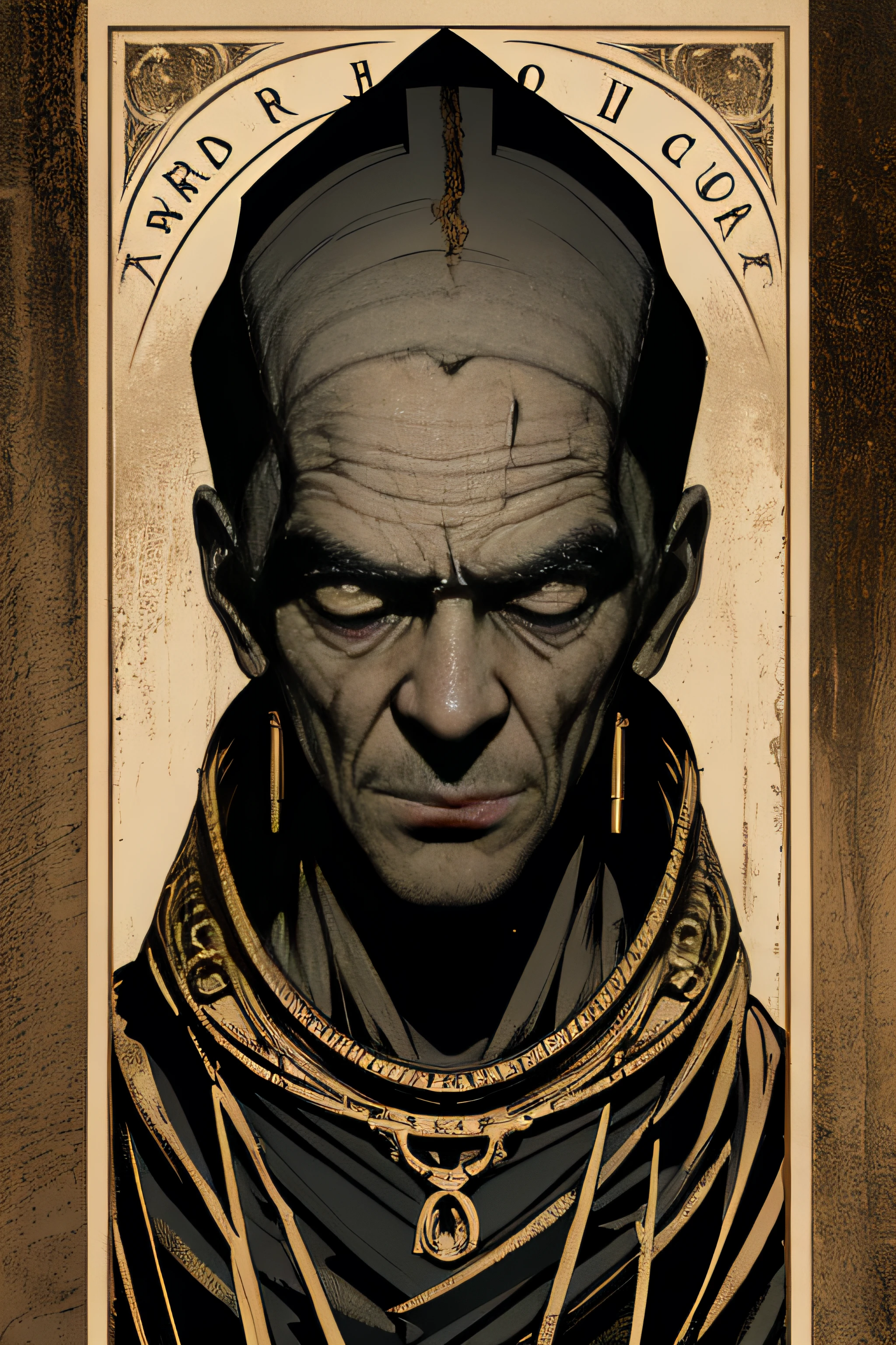 (Masterpiece, Best Quality), 8k Wallpaper, highly detailed, poster, The Mummy, Imhotep, Boris Karloff vintage horror, 1940s, gothic horror thriller cinematic movie poster, Bauhaus, shapes, lines, abstract, propaganda, gothic, movie poster, vintage, horror, low angle shot.
