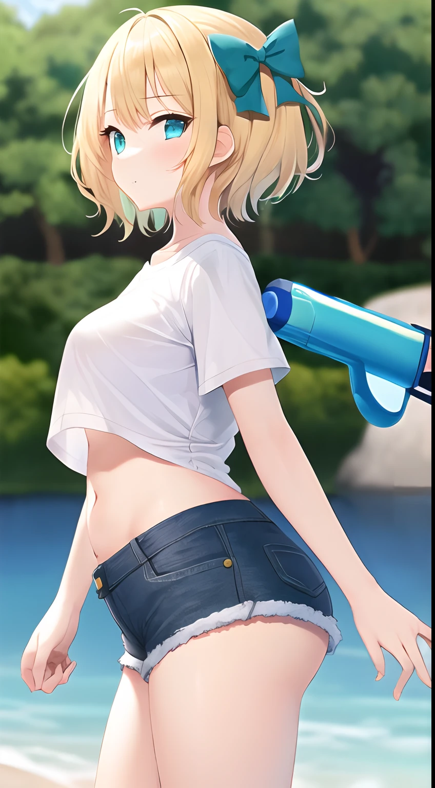 (1girl), (short hair), (blonde hair), (aqua eyes), (breast), (white shirt), (denim shorts), (hair bow), (stomach), (water gun), (lake), (looking at viewer), (from side)