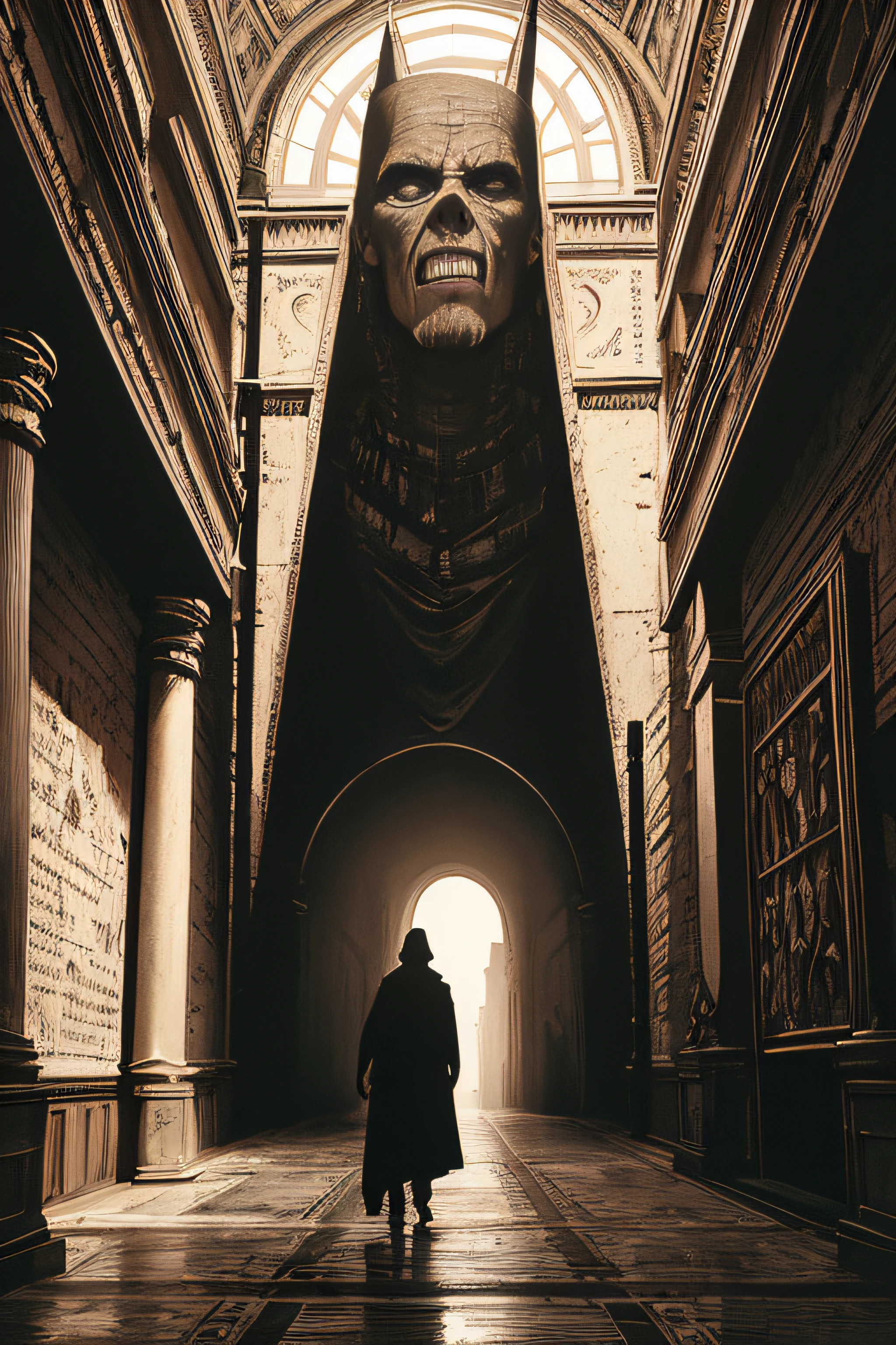 (Masterpiece, Best Quality), 8k Wallpaper, highly detailed, poster, The Mummy, Imhotep, Boris Karloff vintage horror, 1940s, gothic horror thriller cinematic movie poster, Bauhaus, shapes, lines, abstract, propaganda, gothic, movie poster, vintage, horror, low angle shot.