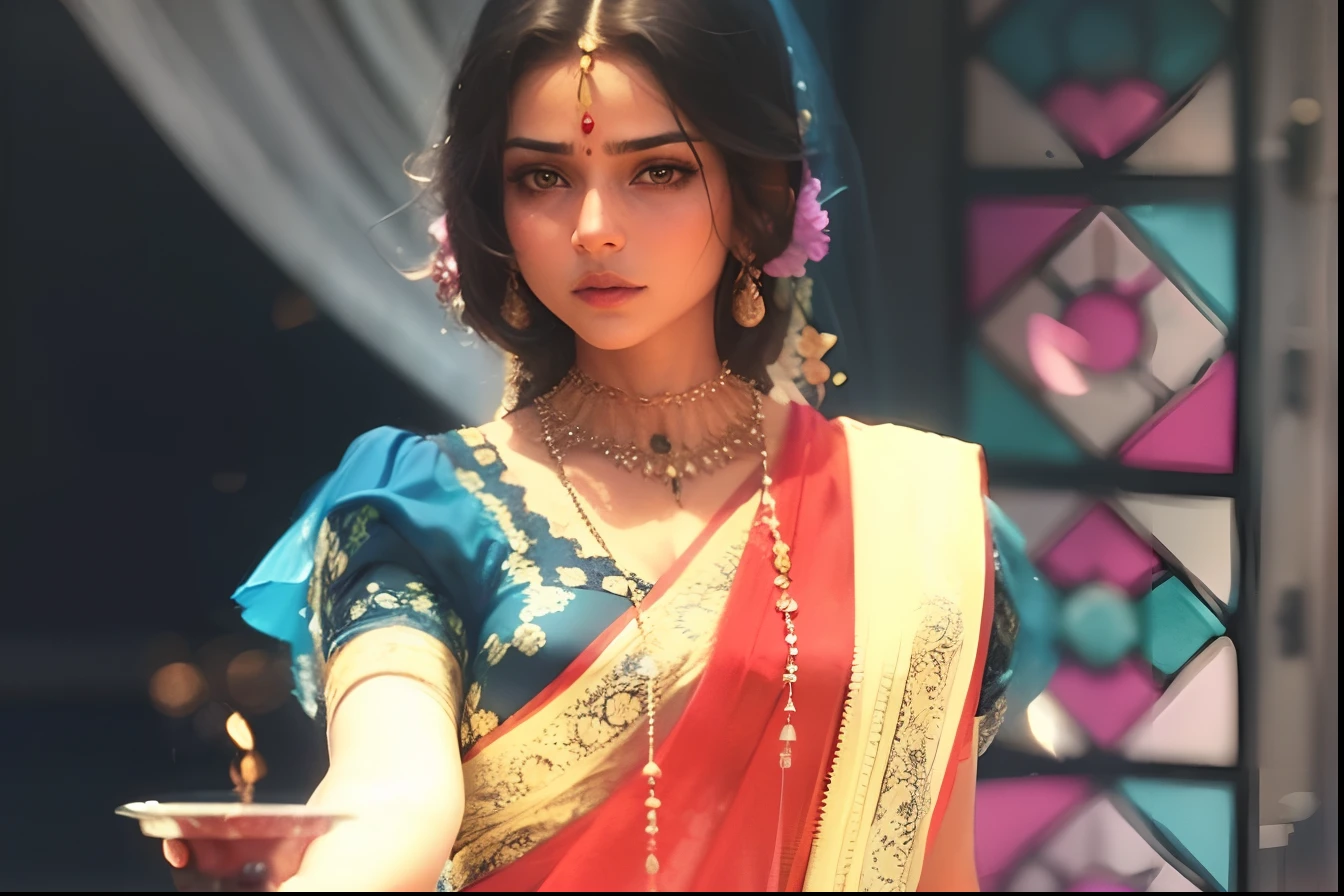 A portrait of a 25 year old West Bengal women wearing solid colored saree,Veil on the head, simple eyelashe in her eye, faded lipstick on her lips, sweet facial expression, standing middle of a jungle road,background bumble bee flying, moody tone, dreamy , specular lighting,hand with cuplammp, soft light tone in her face, environment is in after sunset, inbackground bumble bee flying , dark tone, girl skin brunatee, silky hair, soft light, portrait photography,world class portrait photography, RAW, realistic face detail,detailed facial features, firminbaes,backgroundblurbokeh , intense gaze,captured by Sony Alpha a7 Illcamera with Sony FE 24-105mm f/4 G OSS lens*