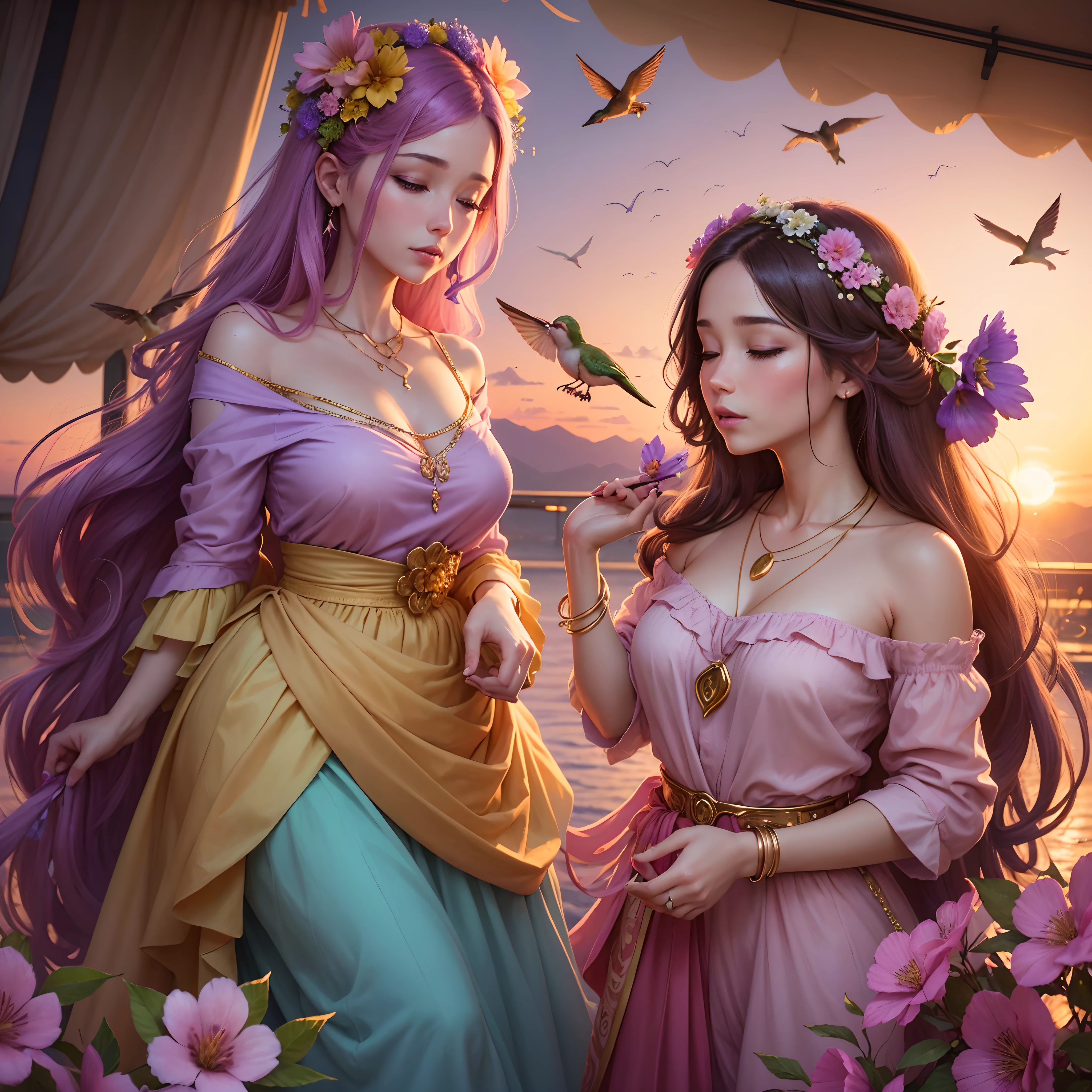 Create a Digital Illustration of a Woman with a Flower in Her Hair and Two Hummingbirds. The woman is wearing a gold necklace and has her eyes closed. Hummingbirds are purple and are feeding on a cherry that the woman is holding in her hand. The background is a sunset with pink and purple clouds and flowers. The overall mood of the image is dreamlike and surreal.