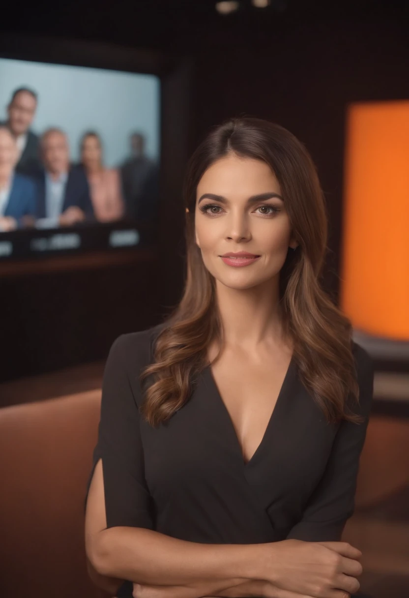 female presenter of a Brazilian newspaper, inside a virtual TV studio, orange colors, perfect lighting, 3D cinematographic setting