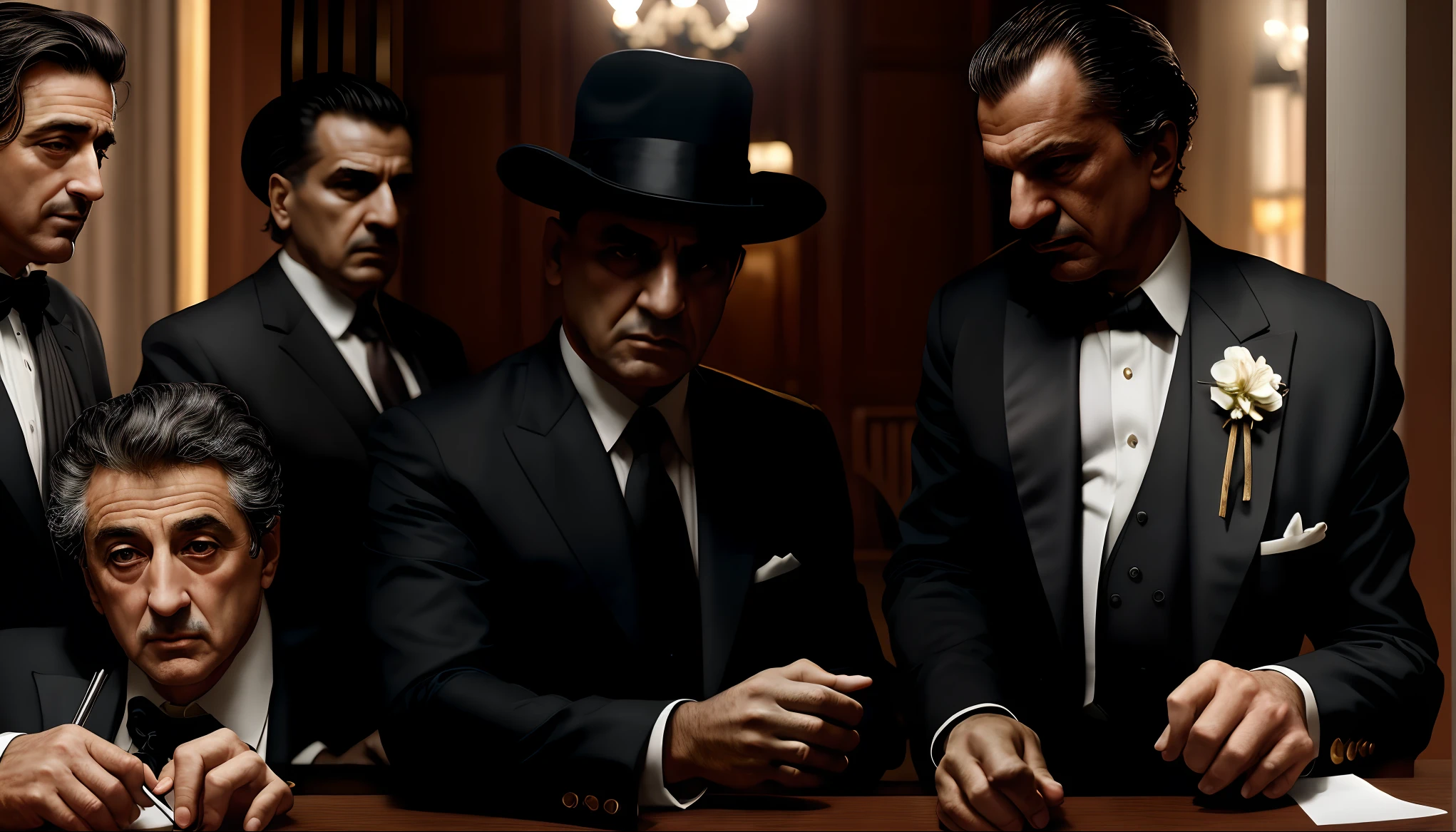 Three men in suits and hats stand around a table, mafia, Godfather, scene from the movie godfather,robert de niro, foto de retrato, mafioso, Mafia Short Screen 2, The Godfather, ainda dos sopranos, mafia background hyper detailed, obra-prima obra de arte, papel de parede de alta qualidade, marlon brando, al pacino, hq 4k papel de parede