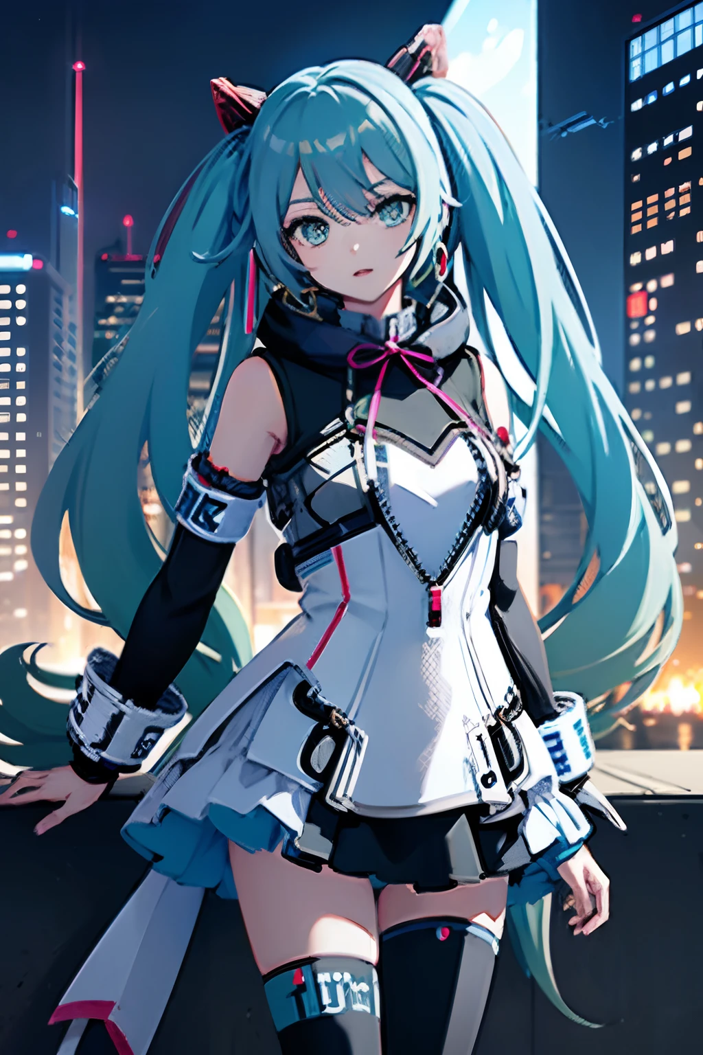 Anime girl in futuristic suit standing in front of city skyline, cyberpunk art inspired by Marek Okon, Pixiv Contest Winner, neo-figurative, anime girl of the future, Cyberpunk anime girl mecha, In Cyber City, Girl in Mecha Cyber Armor, anime robotic mixed with organic, Digital Cyberpunk Anime Art, android heroine, cybersuit, Smooth Anime CG Art, miku hatsune, machanical limbs,