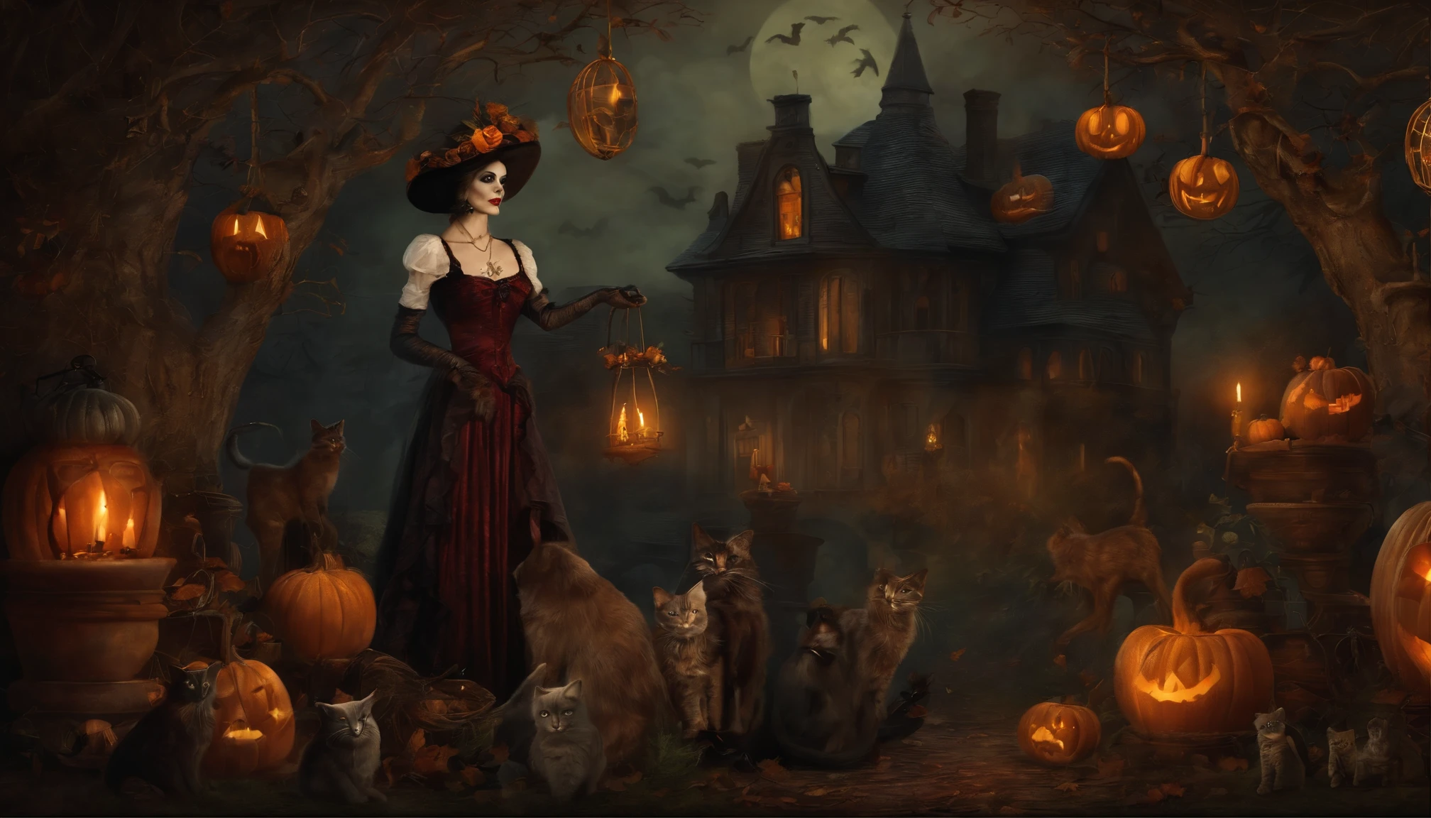 Painting Halloween Witches & Ghosts Wall Art Design, Dentro de una casa oscura llena de calaveras y gatos. Dark Gothic and Vintage style design.